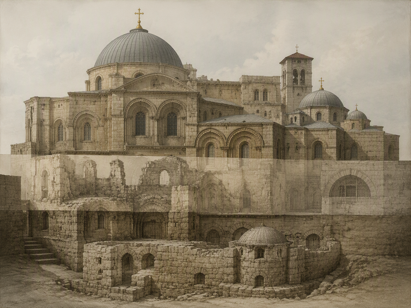 A sober historical architectural illustration showing Jerusalem’s Holy Sepulchre across phases of destruction, Byzantine rebuilding, and its largely 1810 modern structure.