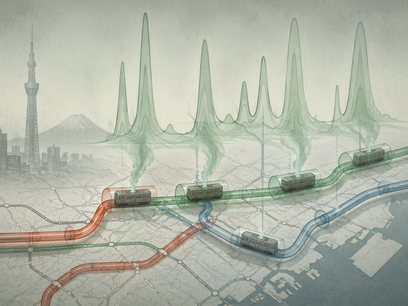 Three translucent subway lines cross a simplified city grid, with five cars releasing pale mist that rises into wave-like scientific patterns.