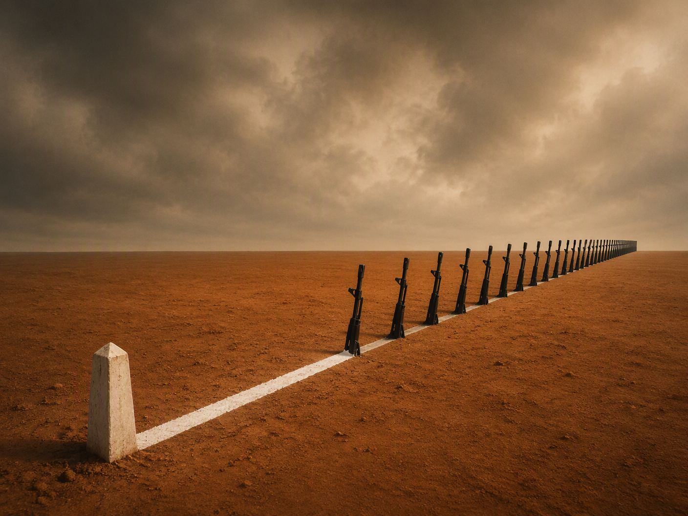 A white surveyor’s line across ochre earth gradually transforms into a row of black rifle barrels.