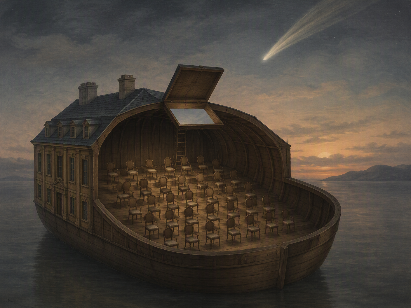 A surreal mansion shaped like a vessel sits beneath a pale comet, with many empty seats inside and one open hatch pointing upward.
