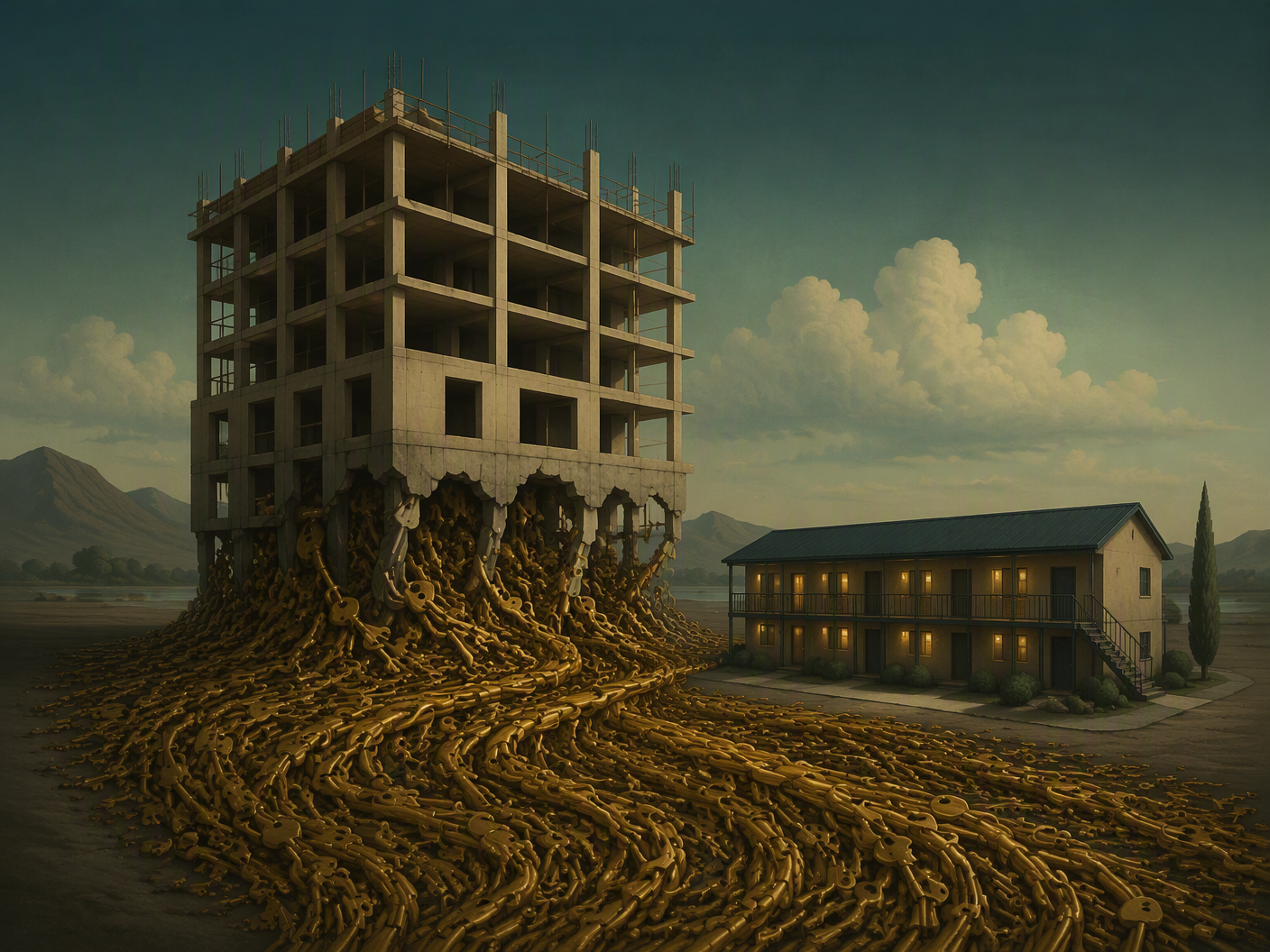 A half-built hotel and a small bunkhouse stand beside a large stream of brass keys, with far more keys than the buildings can hold.