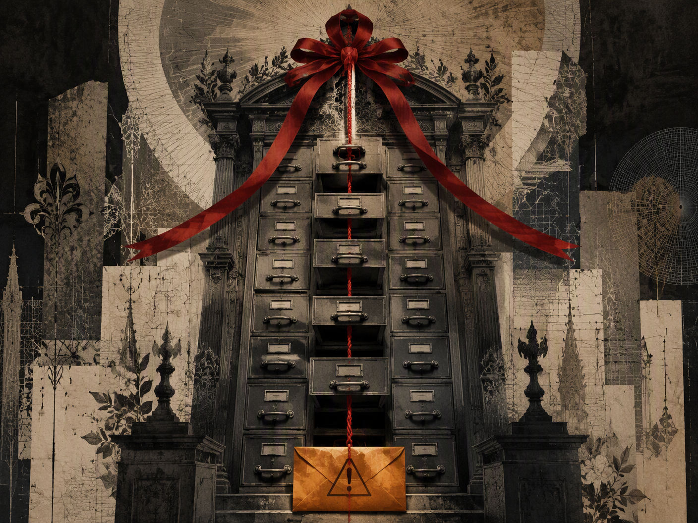 An amber envelope disappears into a towering ornate filing cabinet while its red thread emerges above as a ceremonial ribbon.