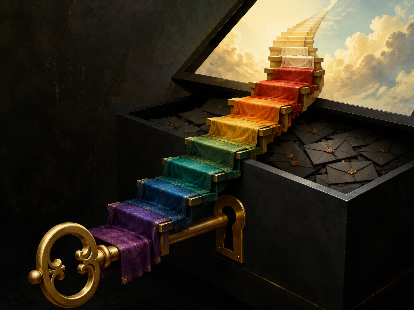 A colourful staircase rising toward light is revealed to be a key turning inside a dark box of sealed envelopes.