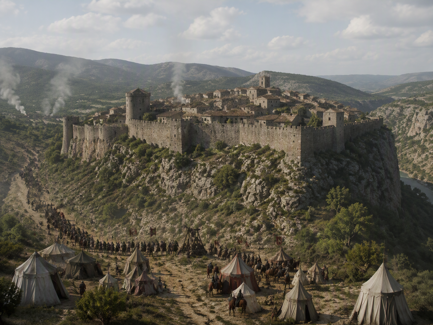 A restrained historical illustration of a fortified medieval settlement in a southern French landscape during a siege.