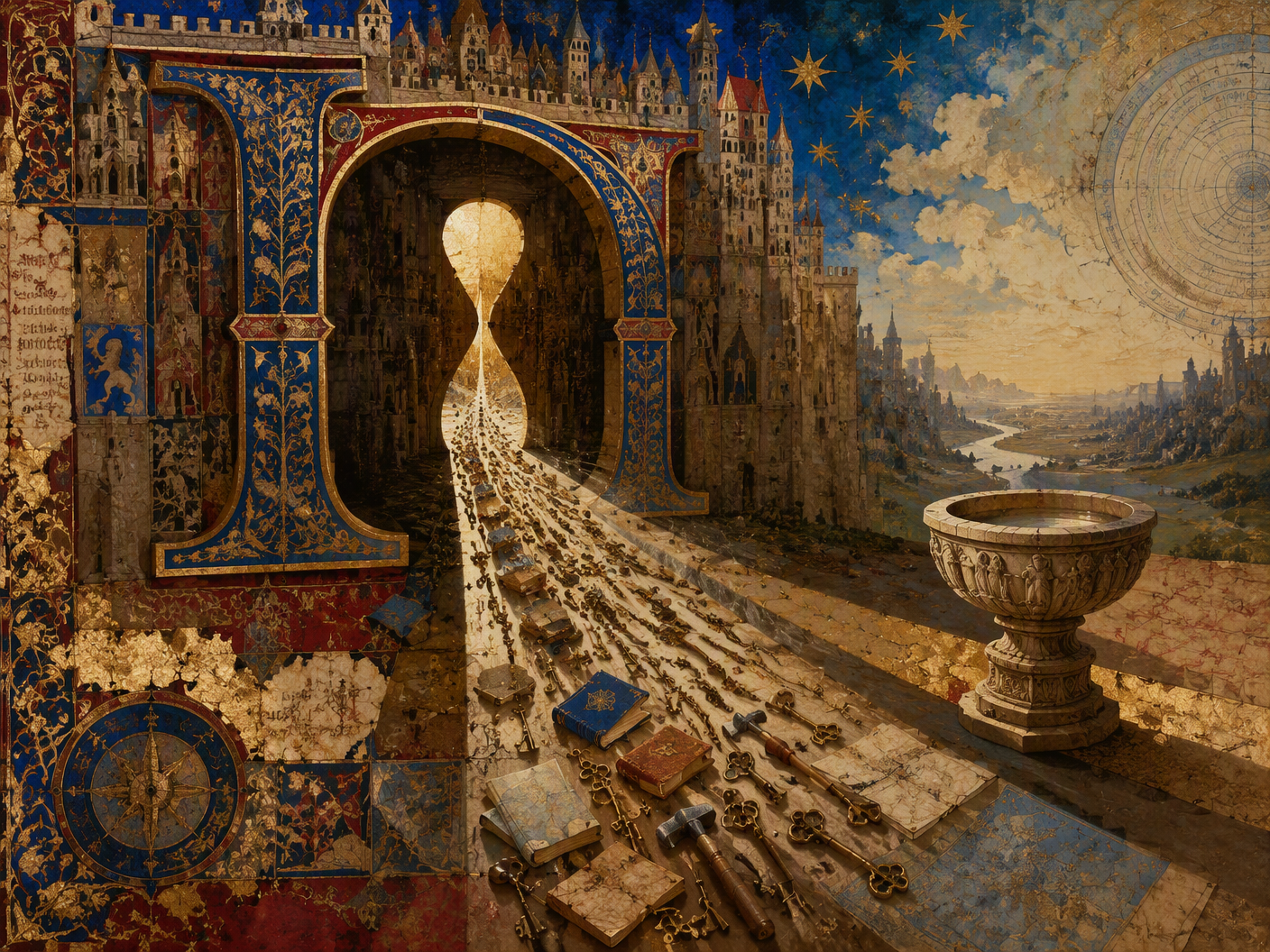 A medieval city gate narrows into an hourglass as keys, books and tools pass through, while an alternative doorway casts the same shadow.