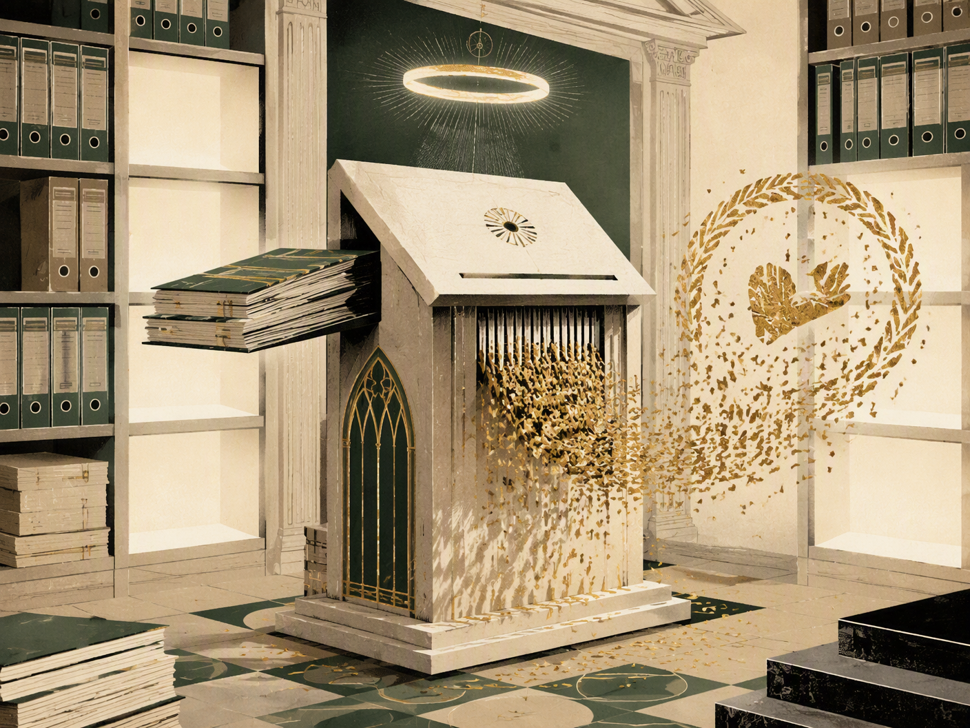 Ledgers pass through a lectern-shaped shredder beneath a white halo and emerge as a broken gold seal.