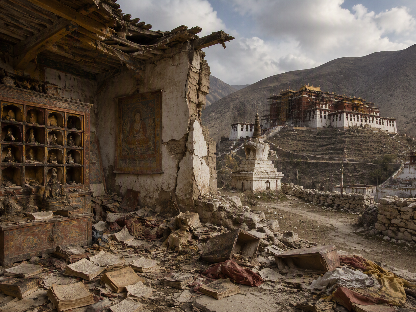 A restrained historical illustration of damaged Tibetan Buddhist monastery architecture, scattered cultural materials, and a partially restored site in the background.