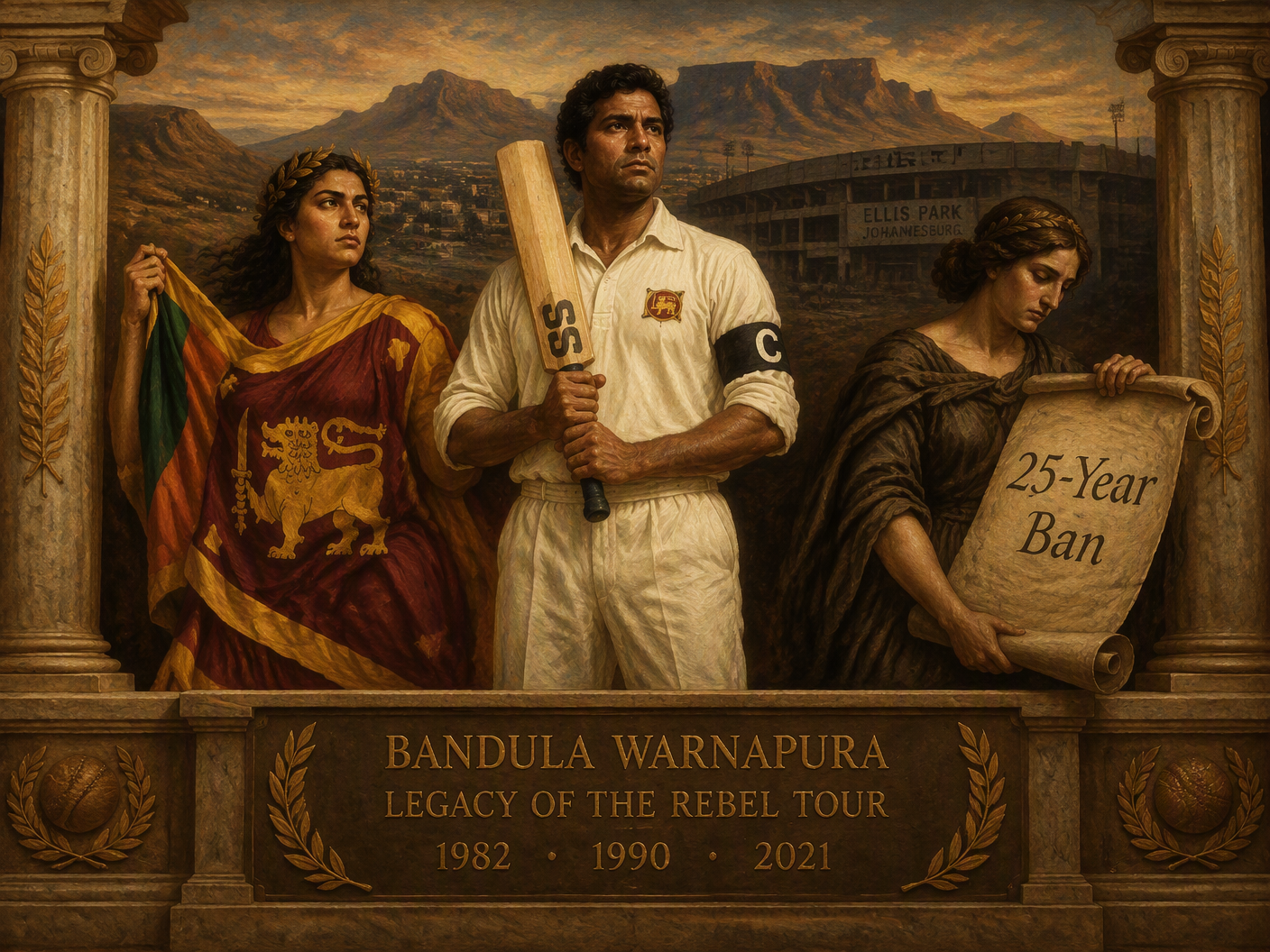 Neoclassical painting of Bandula Warnapura in cricket whites holding a bat like a scepter, flanked by allegorical figures of defiance and consequence, set against a backdrop of apartheid-era South African stadium, framed by classical pillars and a commemorative plaque.