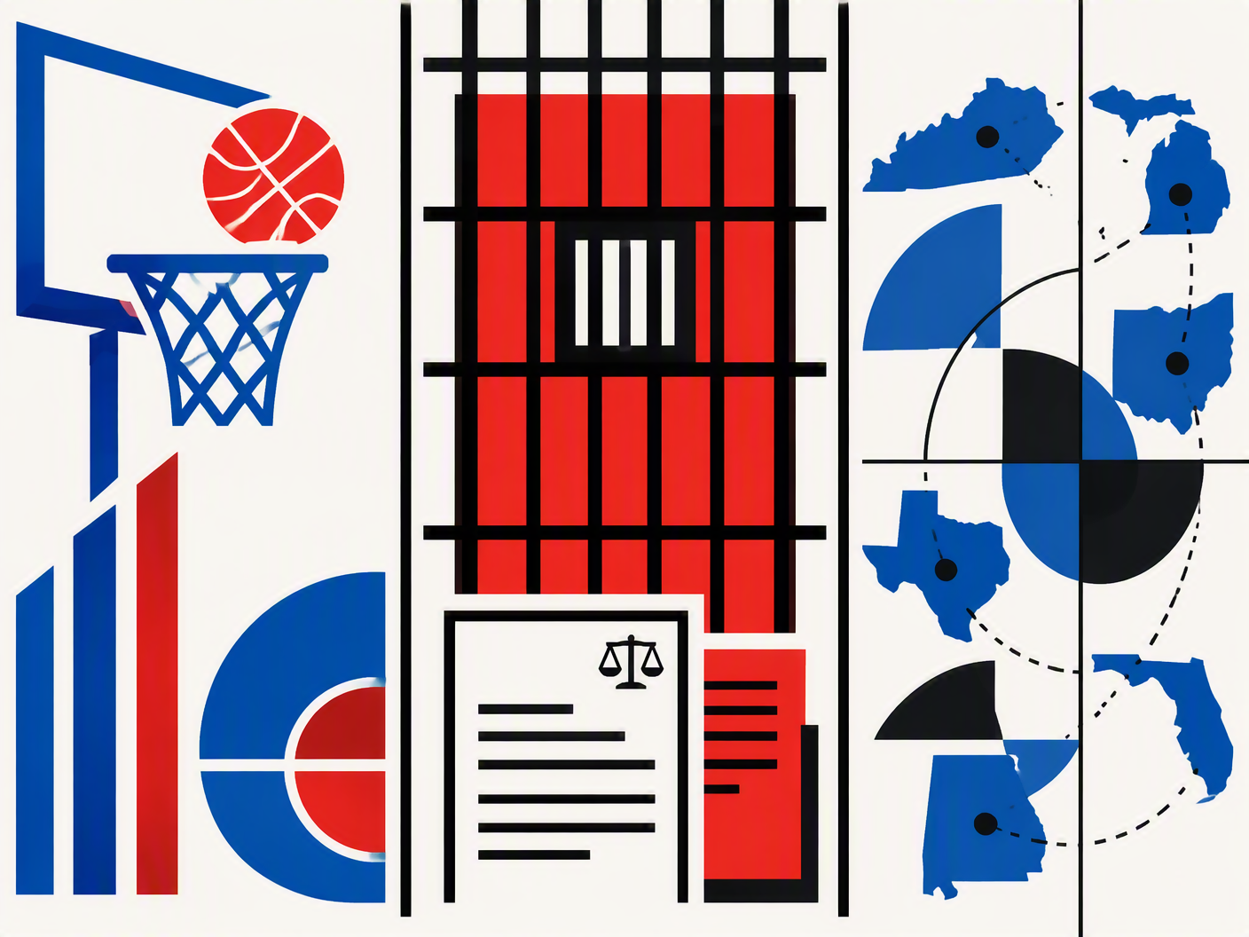 Abstract editorial illustration divided into three panels: left with simplified basketball hoop and ball in primary colors; center with red and black grid symbolizing prison bars; right with fragmented blue and black shapes representing parole and legal supervision. Represents Tom Payne’s basketball breakthrough and subsequent criminal justice history in Kentucky, Georgia, and California.