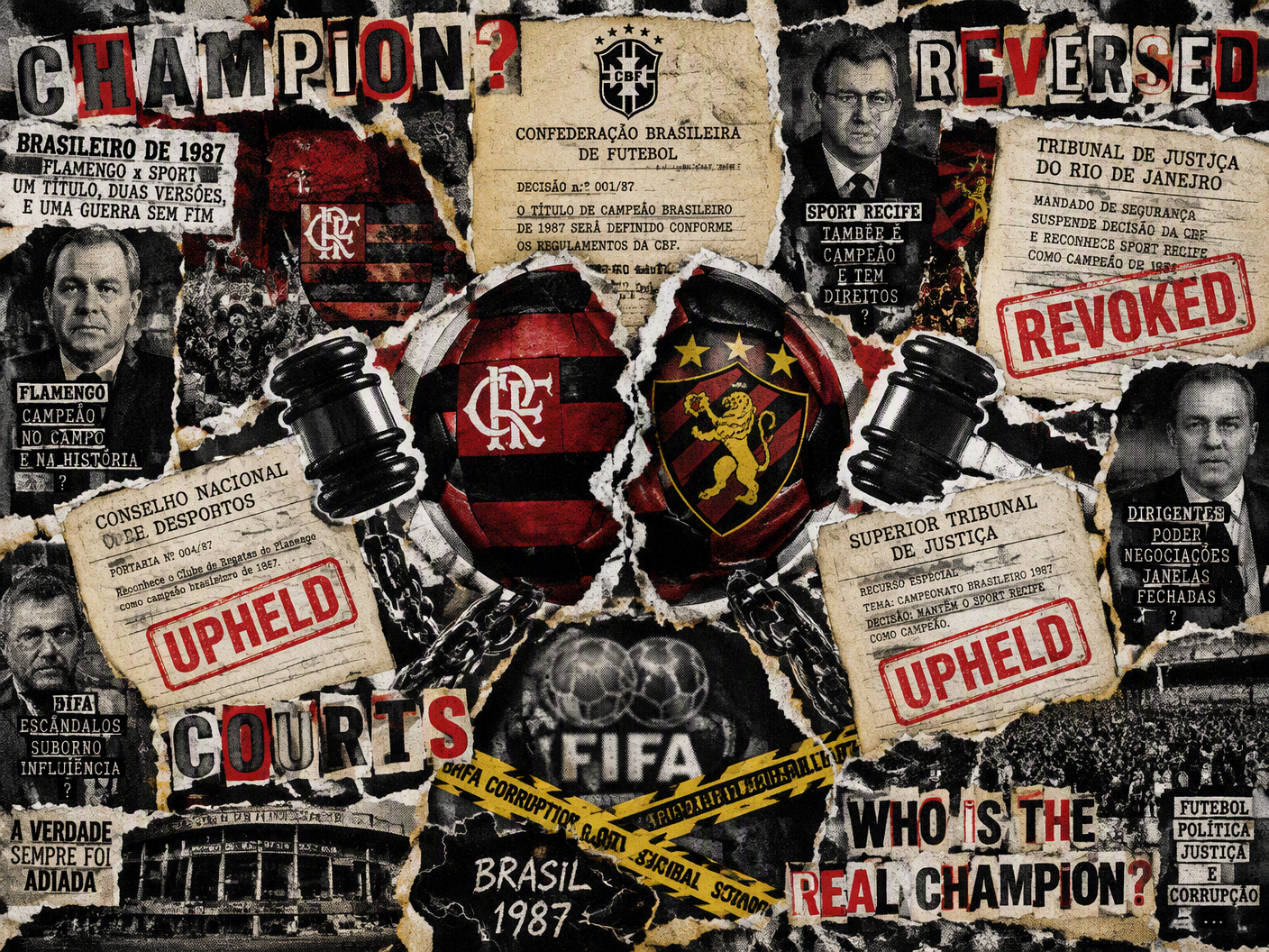Collage artwork showing torn halves of a soccer ball in Flamengo and Sport Recife colors, surrounded by cut-out ransom letters reading 'Champion?', court gavels, legal documents stamped 'Revoked' and 'Upheld', layered with photocopy grain and broken chains, symbolizing the chaotic legal battle over Brazil's 1987 football championship.