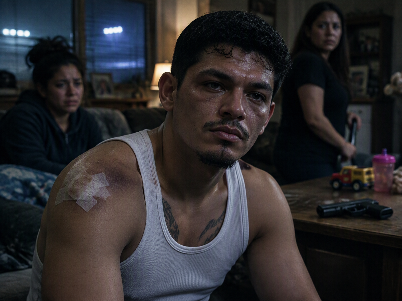 Boxer Tony Ayala Jr. with a bandage on his left shoulder, his face marked by exhaustion and tension, standing in a dimly lit room symbolizing the night he was shot inside a San Antonio home, with blurred figures and domestic scene elements in the background.