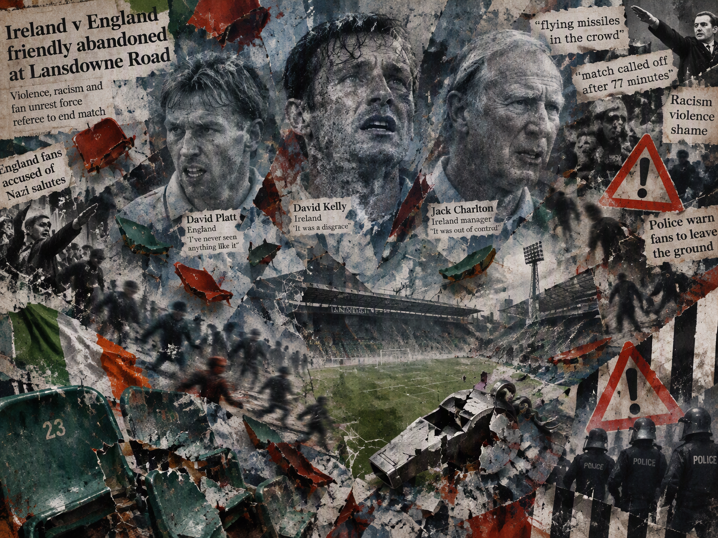 Abstract collage of torn stadium seats flying through fragmented crowds, ghostly faces of players and managers overlayed with shards of news text and symbolic shapes, evoking the abandoned 1995 Ireland-England football match at Lansdowne Road.