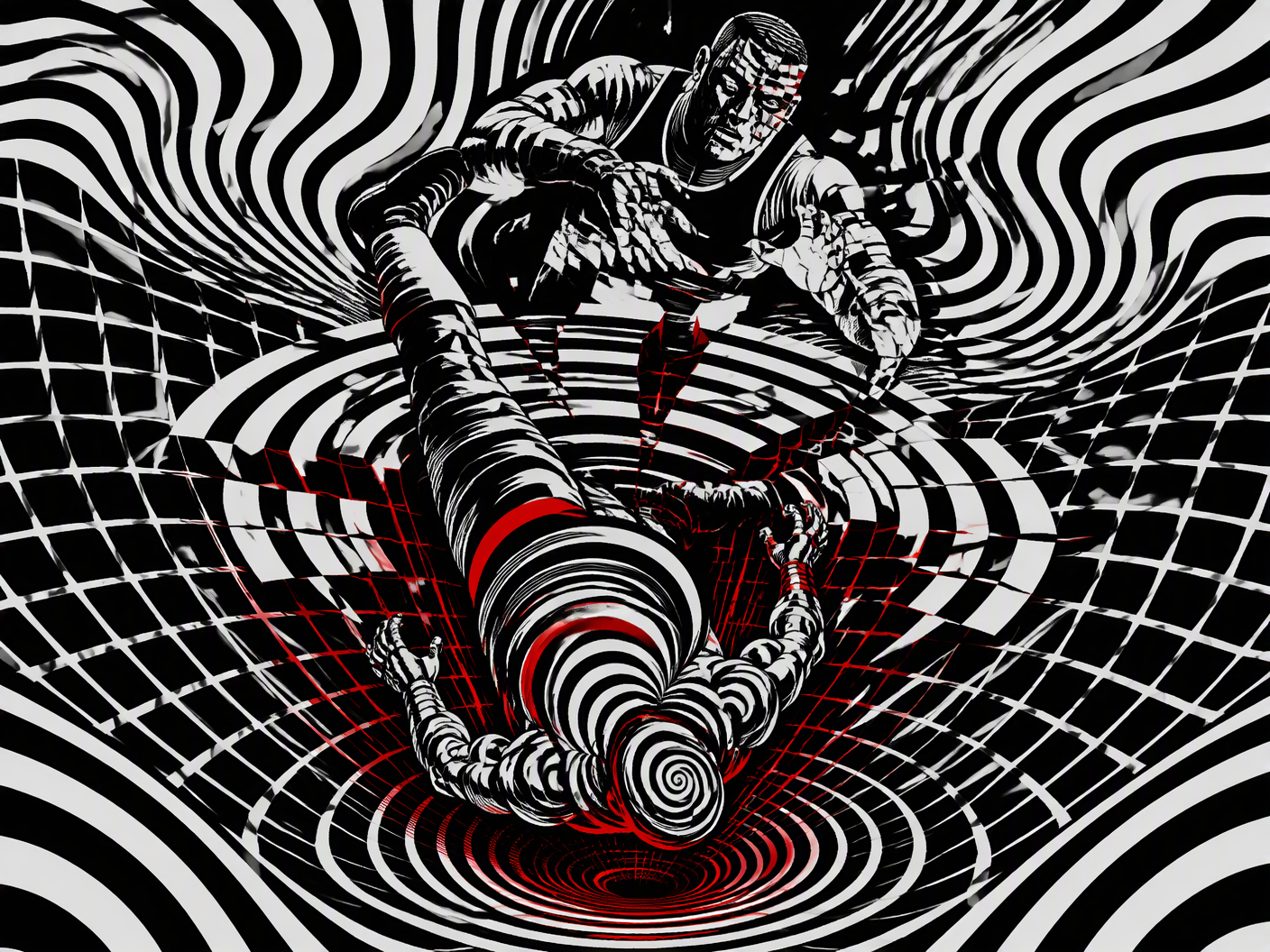 Abstract Op Art image showing warped black and white grids disrupted by concentric circles breaking apart, symbolizing a wrestling move’s sudden failure. Two stylized human forms emerge amid optical vibrations—one spiraling downward, the other fragmented above—representing Droz and D’Lo Brown in the moment of the accident that caused paralysis.
