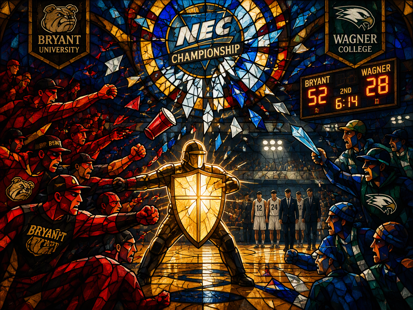 A stained-glass style image showing two groups of hostile fans in red and blue throwing punches and objects, separated by a glowing security figure with a shield, shattered glass symbolizing conflict above a basketball court with a glowing scoreboard and retreating players in muted tones.