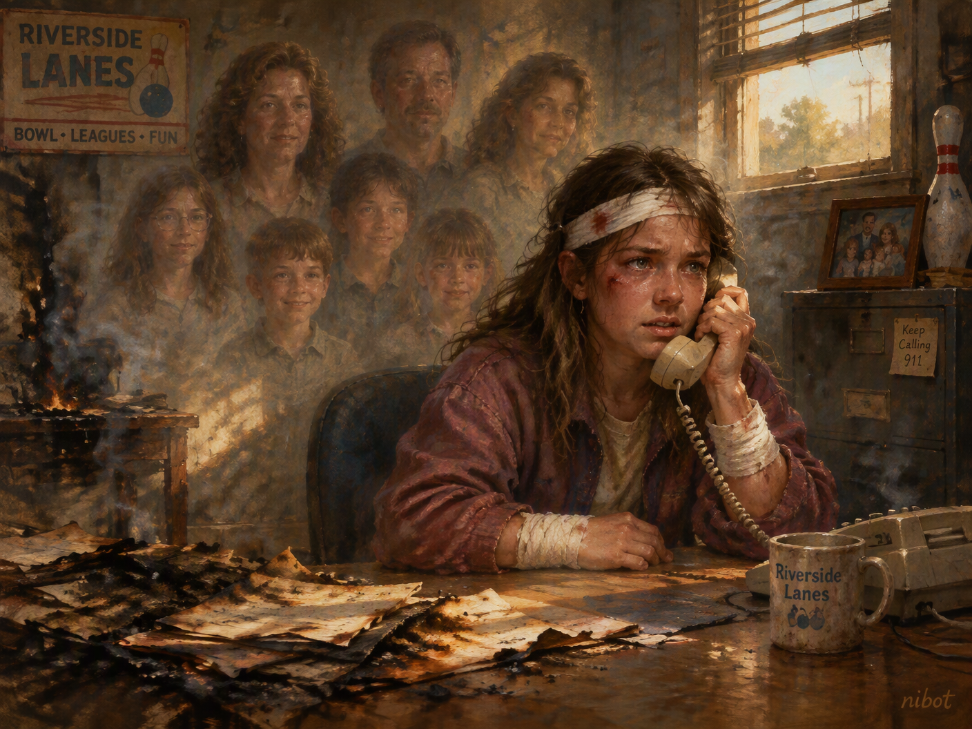 Inside a battered bowling alley office, a wounded 12-year-old girl clutches a phone urgently. Ghostly figures of victims surround her faintly, with signs of fire damage around, capturing a moment of survival amid tragedy.