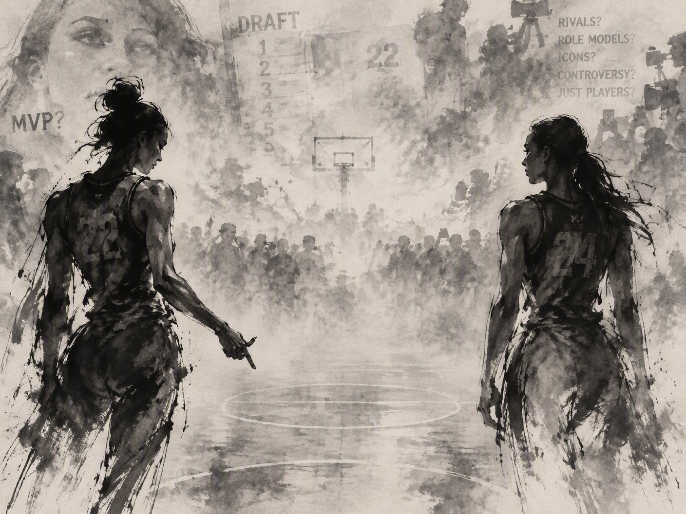 Ink wash expressionist painting showing two abstract female basketball players with ambiguous gestures, standing apart on a misty court. Negative space and diluted black ink convey tension, rivalry, and the passage of time in their contested relationship.