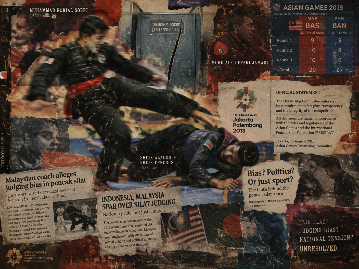 A collage of a pencak silat fighter kicking a fallen opponent, a cracked changing-room wall, and fragmented newspaper clippings, rendered in grainy, torn 35mm film style, symbolizing controversy and contested judgment at the 2018 Asian Games.
