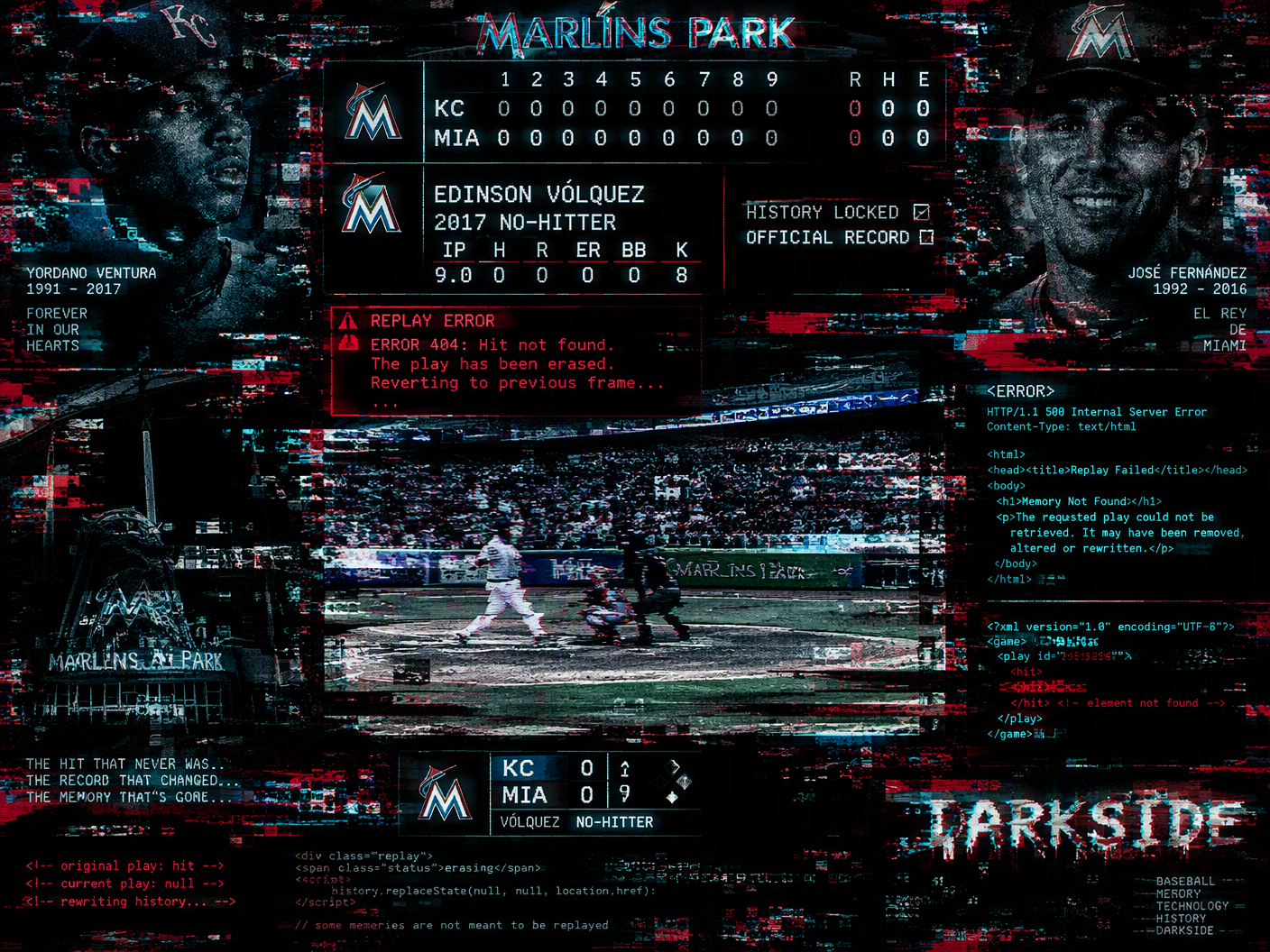 Glitch art landscape showing a corrupted baseball scoreboard at Marlins Park with flickering stats and error messages alongside ghostly pixelated portraits of Yordano Ventura and José Fernández, symbolizing Edinson Vólquez’s memorial no-hitter altered by replay review.