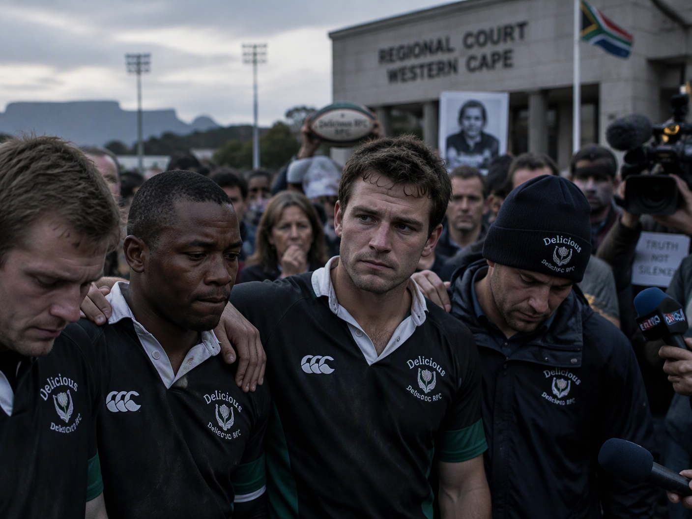 Group of solemn Delicious RFC rugby players in club attire standing close together outside a courthouse, with worried expressions and supporters behind them, under overcast sky reflecting a somber mood after a fatal rugby incident in 2006.