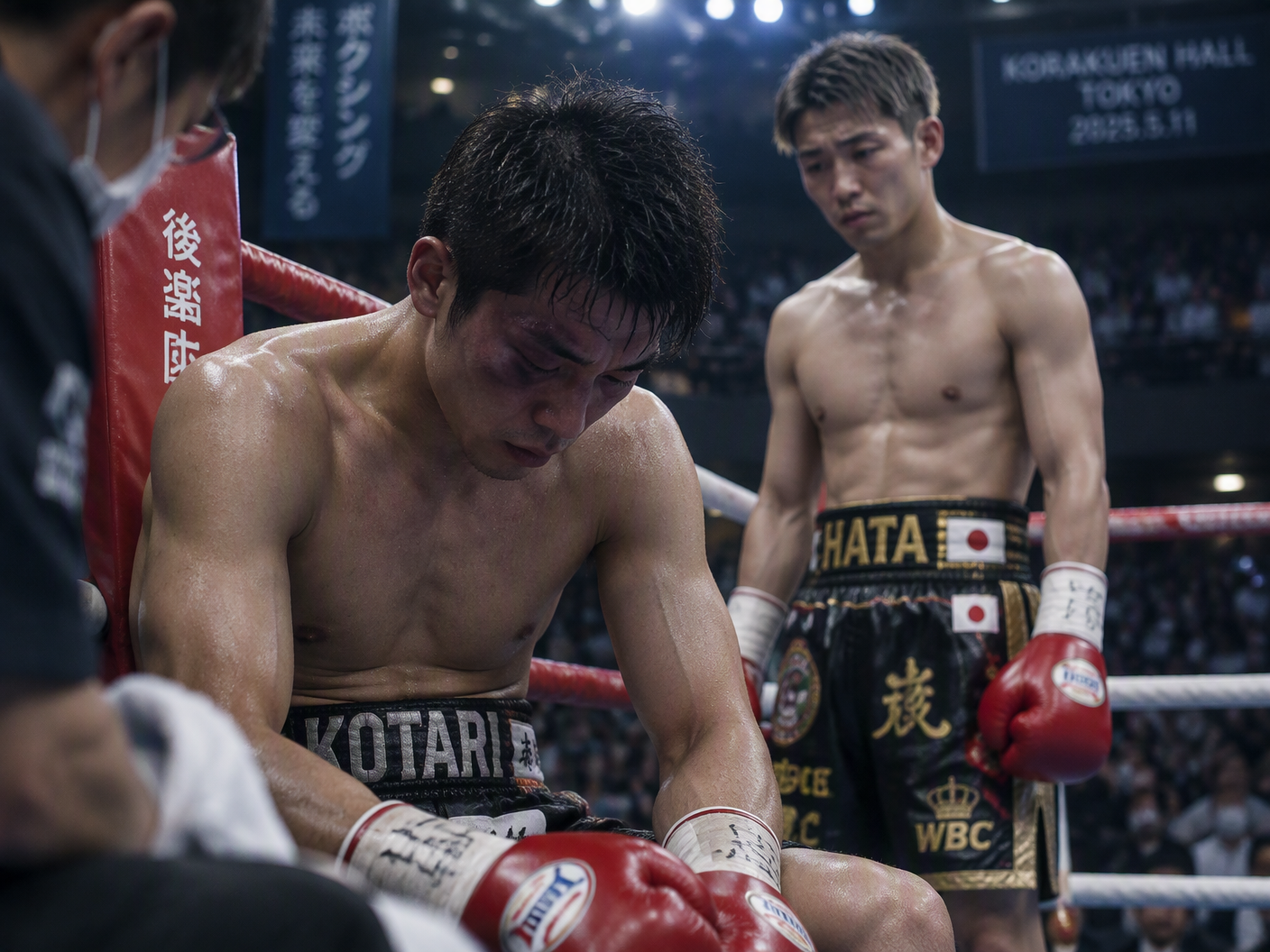 Boxer Shigetoshi Kotari sits bruised and exhausted on his stool in his corner after a tough 12-round title match against Yamato Hata at Korakuen Hall in Tokyo, 2025, with Hata standing behind him under bright stadium lights in a moment of quiet tension.