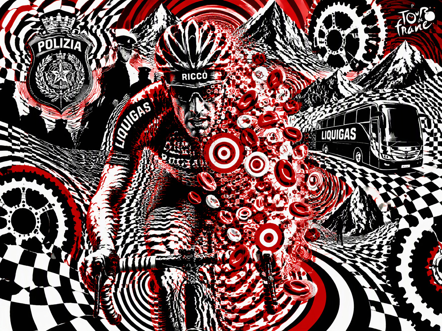 Op Art style image with a cyclist figure fragmented and vibrating in red and white concentric circles, overlaid with warped black and white grids symbolizing a police badge and team bus, set against a pulsating abstract background of mountain peaks and gears representing the Tour de France and doping controversy.