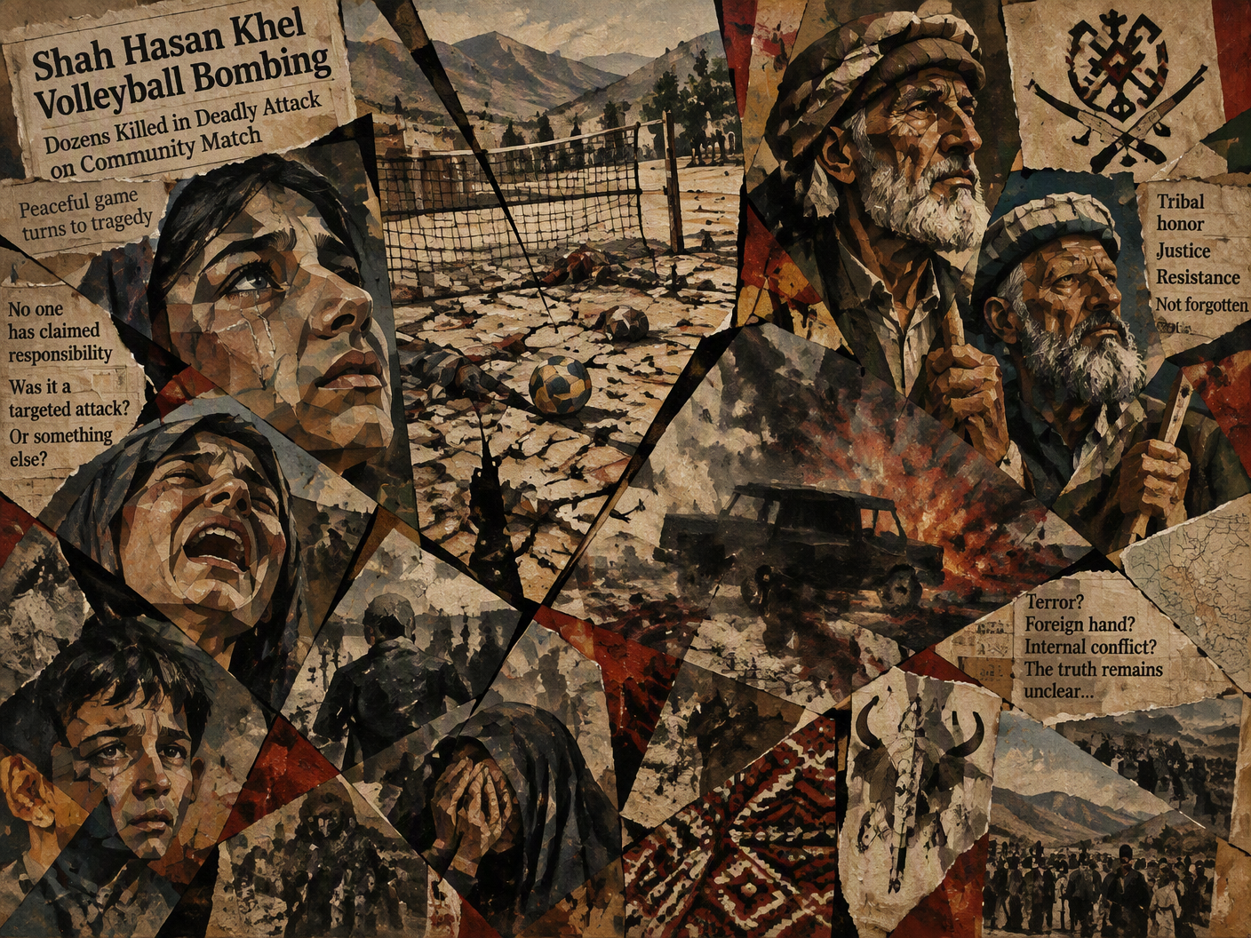 Cubist artwork showing shattered planes of a volleyball court with anguished civilian faces, tribal elders defying militants, and a shadowy, explosive-laden vehicle, symbolizing the 2010 Shah Hasan Khel bombing and the ambiguity of its motives.