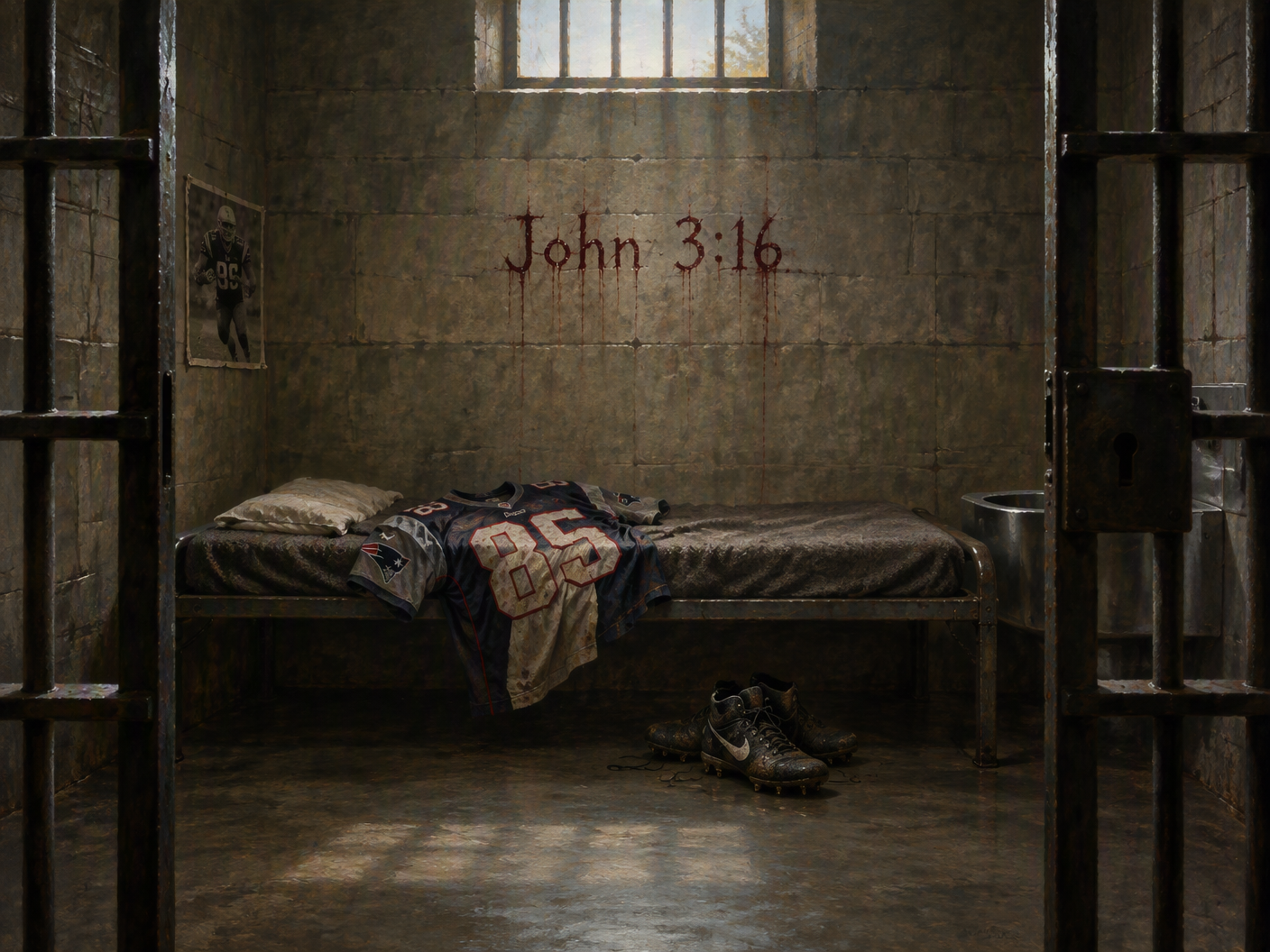 A neoclassical-style painting of a bare prison cell with an abandoned football jersey on a cot and the blood-inscribed 'John 3:16' on the wall, symbolizing Aaron Hernandez’s death and the gravity of his legacy.