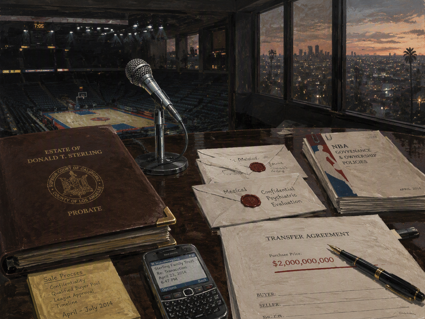 A shadowed basketball court lies beneath an owner’s suite while court papers, medical envelopes, a microphone, and a proposed transfer agreement sit on a table in the foreground.