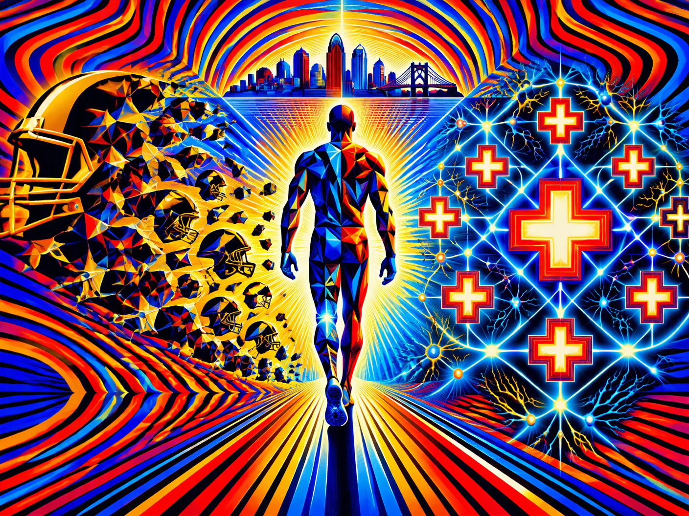 Abstract chromatic op art image showing a radiant figure symbolizing Ryan Shazier walking forward alongside luminous medical symbols, divided symmetrically with vibrant geometric patterns representing healing and recovery.