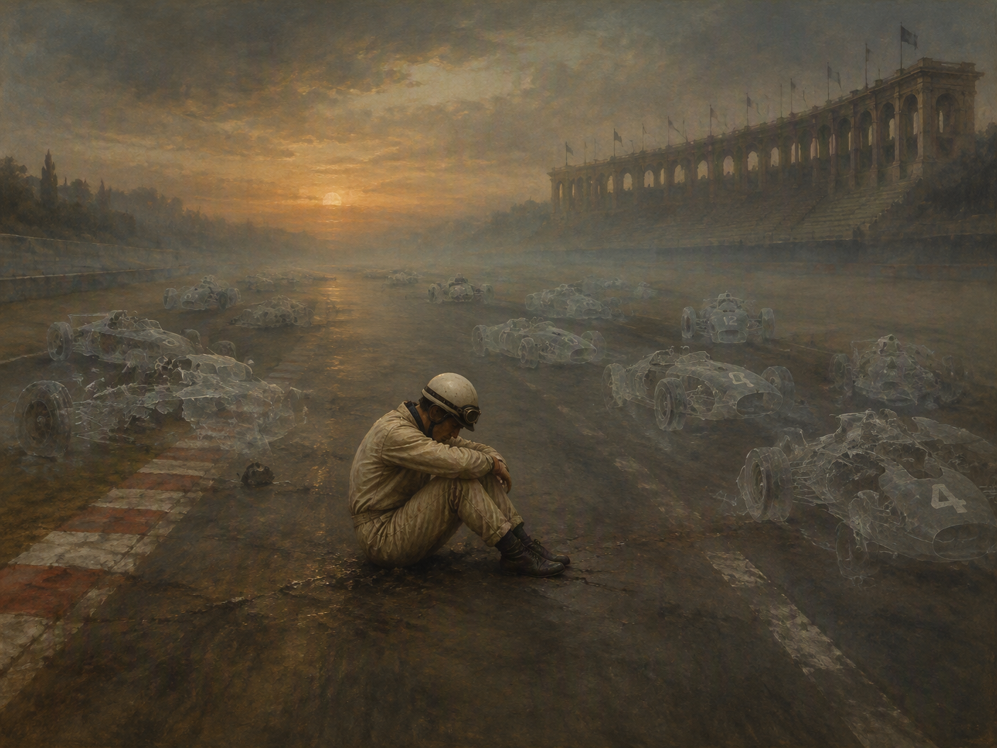 Surreal scene of a lone classical driver figure sitting on an empty racetrack surrounded by fading, spectral outlines of racing cars; muted colors and soft lighting evoke solitude and memory after a tragic crash.