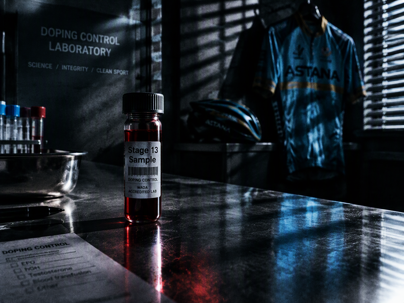 Close-up of a blood-filled glass vial labeled 'Stage 13 Sample' on a reflective metal table, with sharp noir shadows and a blurred Astana jersey and cycling helmet hanging in the background, evoking tension and absence after a doping scandal.