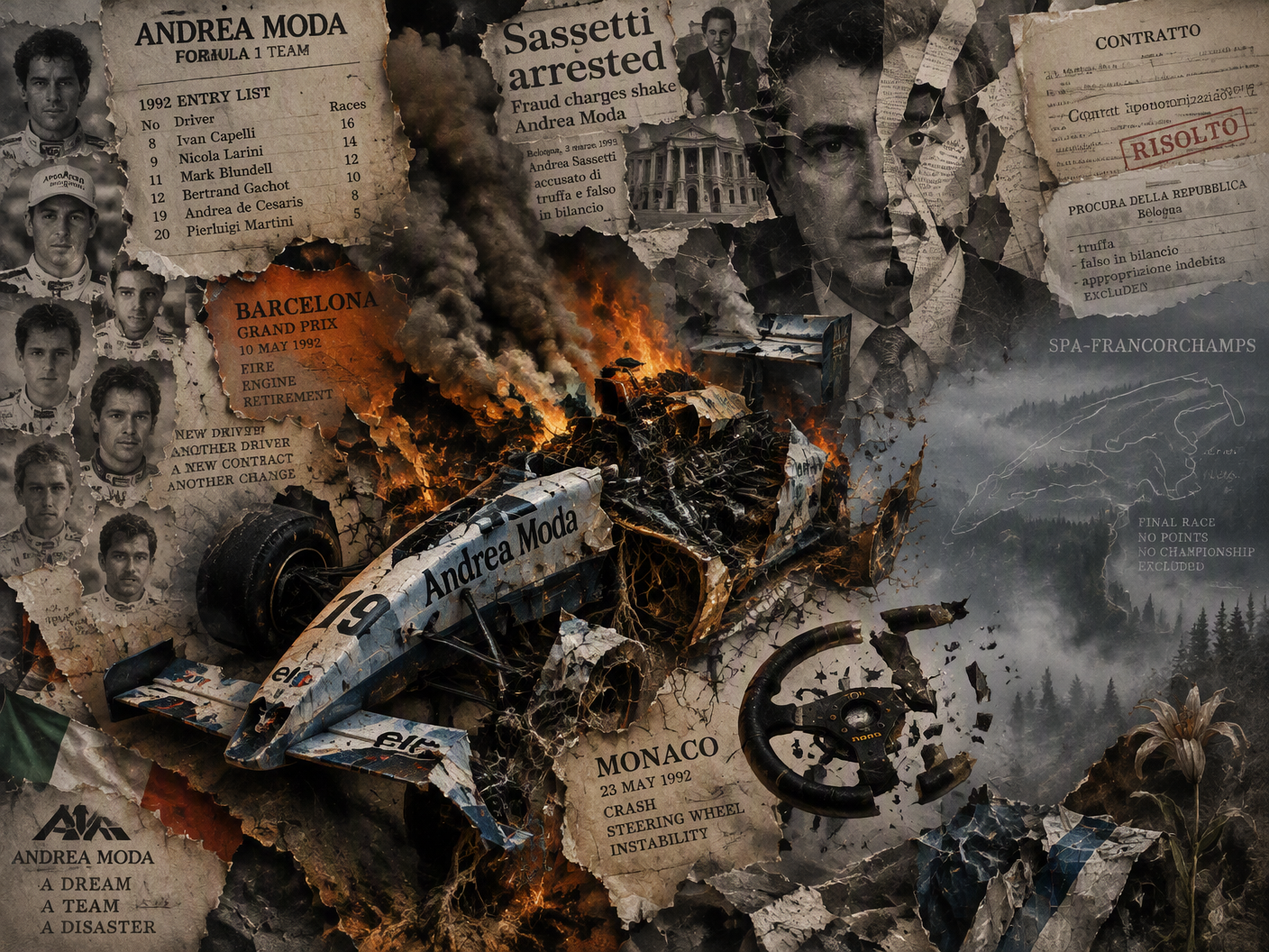 An abstract, surreal collage of a broken Formula 1 car with fire and smoke, a shattered steering wheel, and a ghostly man symbolizing Andrea Sassetti surrounded by torn papers and race entry lists, with a faint map of Spa-Francorchamps in the background, rendered in muted tones with bursts of burnt orange and metallic blue.