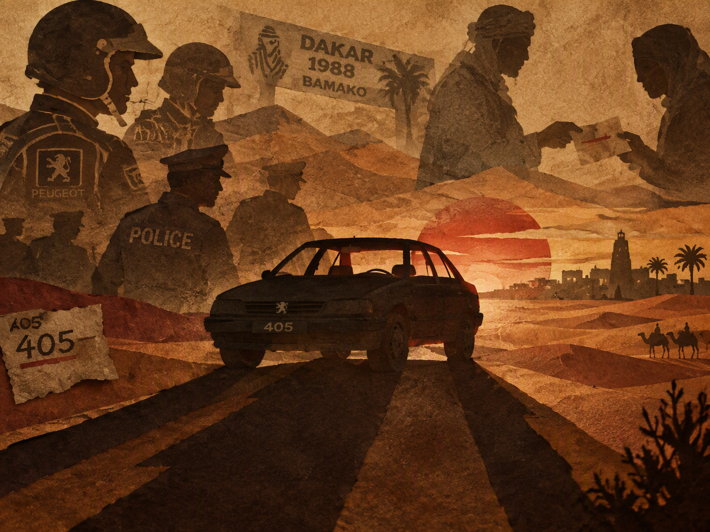 Silhouette cut-paper artwork depicting an empty Peugeot 405 casting a long shadow across stylized desert dunes, surrounded by ghostly figures searching under a setting sun, symbolizing the missing car in the 1988 Dakar Rally.