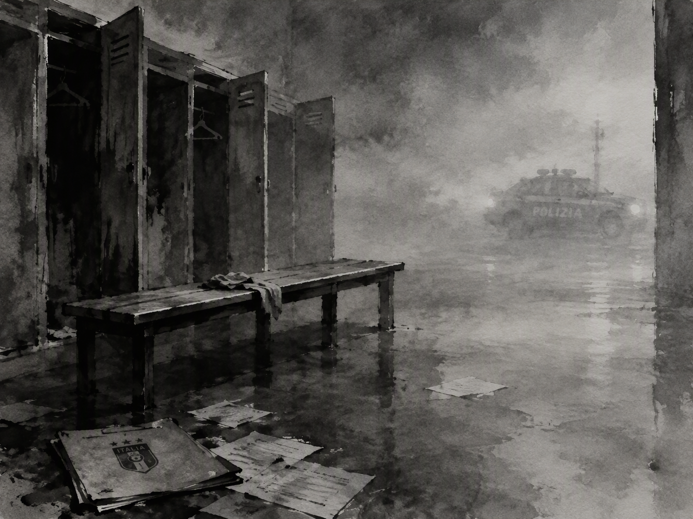 Ink wash painting of an empty football locker room bench with soft mist and shadows suggesting police presence, representing Criscito’s exclusion from the 2012 Italy Euro squad during investigation.