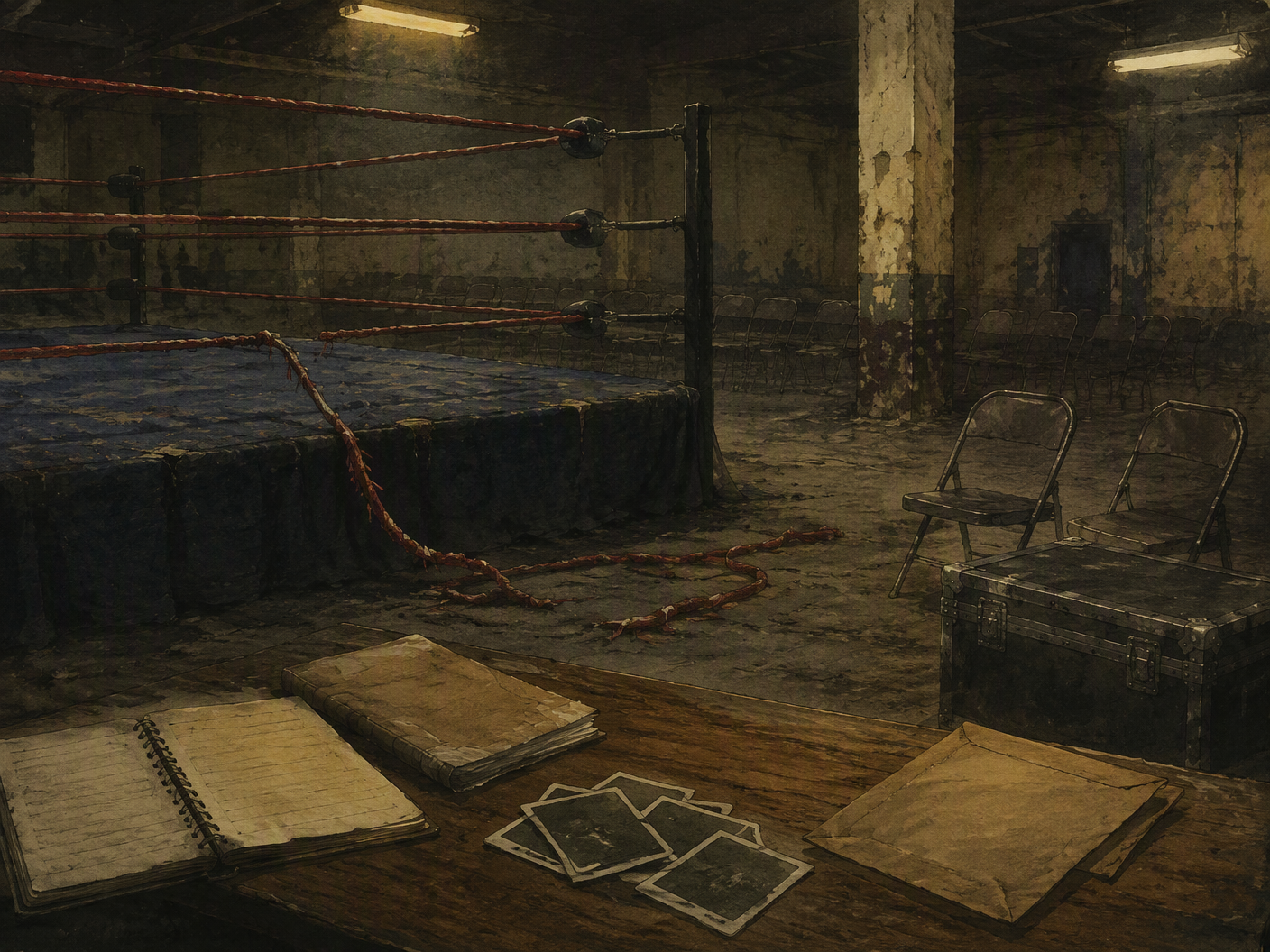 A 4:3 gouache, charcoal, and lithographic illustration shows a battered baseball bat, folded match card, closed medical folder, and coiled barbed wire on a scarred table beneath a fluorescent lamp in a dim 1990s wrestling hall.
