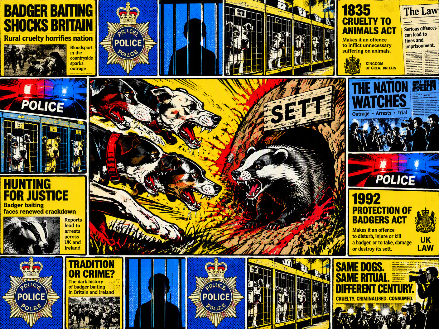 Pop Art image showing repeated panels of snarling dogs attacking a badger from its sett, scenes of police badges, jail bars, seized kennels, and overlapping newspaper text highlighting badger baiting crimes and punishments in Britain.