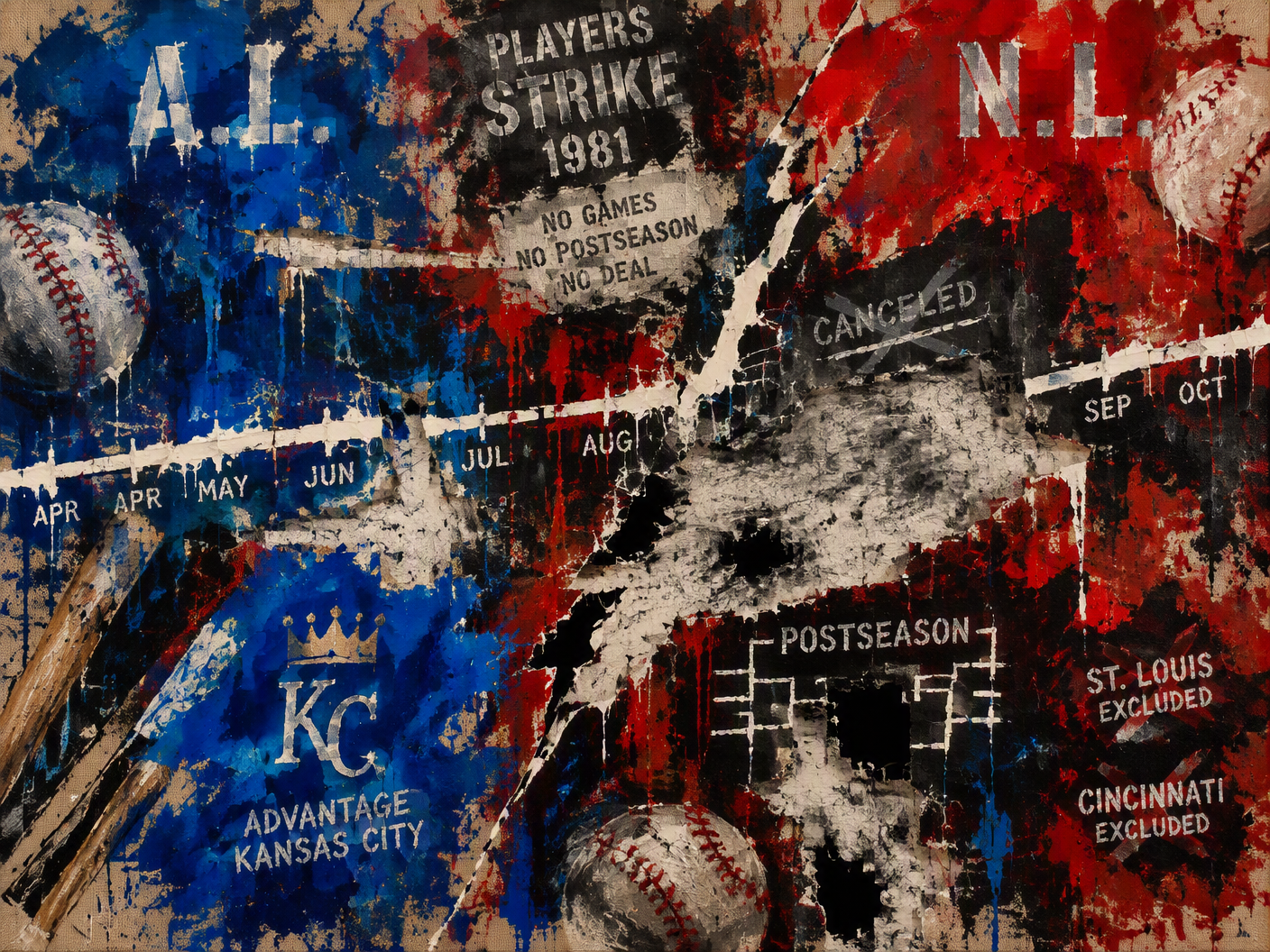 Abstract painting with bold, poured red and blue strokes and white lines breaking across a raw canvas, depicting the pressure and fracture caused by the 1981 baseball players’ strike and the resulting split postseason.