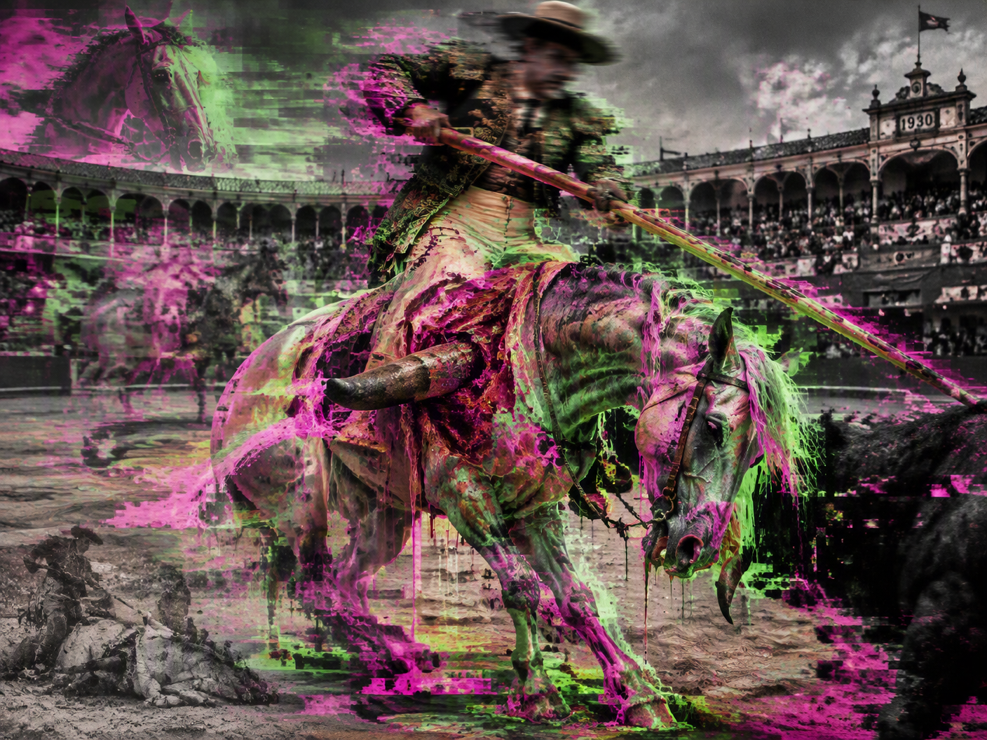 A surreal digital painting showing a distorted, melting horse ridden by a picador in a 1930s bullring, with neon green and pink pixel glitches revealing a bull’s horn piercing the horse’s body, symbolizing the extreme danger faced by unprotected horses before padded coverings were introduced.