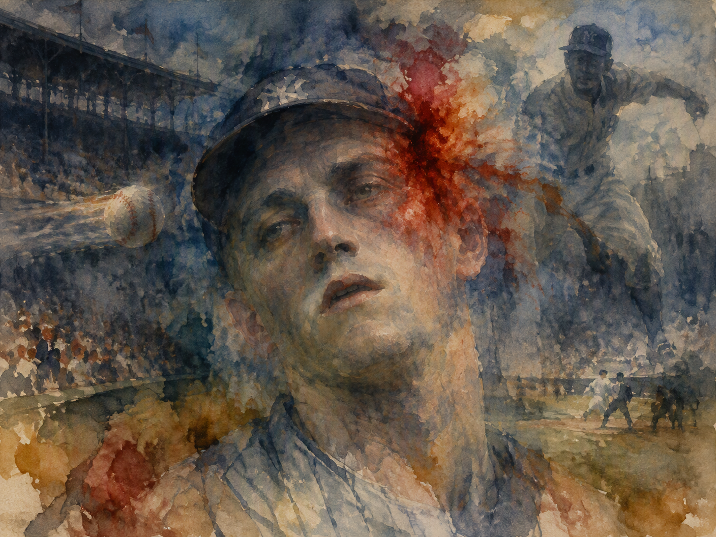 Watercolor expressionist image of Ray Chapman’s fading face bleeding at the temple amid a dissolving baseball field, with a ghostly pitcher’s arm and a wet ball mid-flight, symbolizing the fatal pitch and the fragility of memory.
