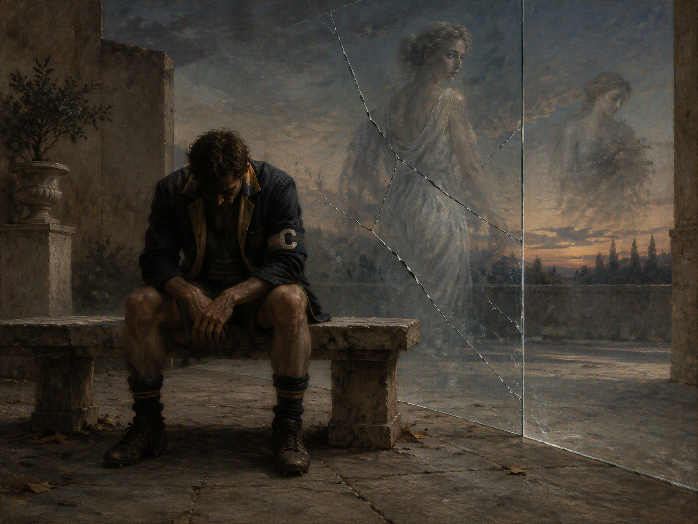 A solitary male figure symbolizing Ben Cousins sits alone on a stone bench in a desolate courtyard at twilight, cloaked in an old sports jacket. Ghostly female figures float beyond a cracked translucent glass barrier, representing a restraining order. The muted color palette and chiaroscuro lighting evoke isolation, remorse, and unresolved tension between past offenses and a public career comeback.
