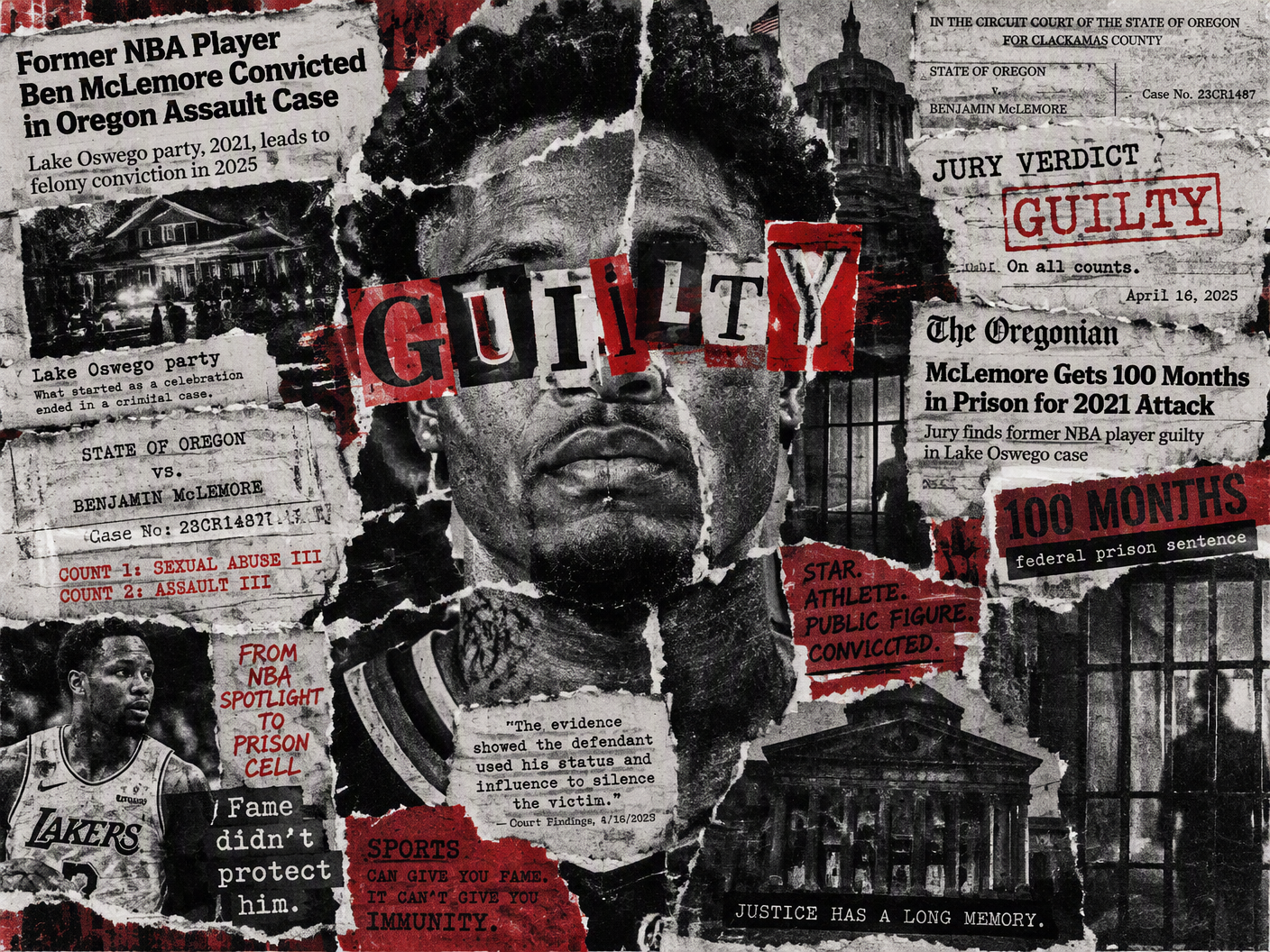 Photocopied punk collage showing a fragmented torn image of Ben McLemore’s face with ransom lettering spelling 'GUILTY,' layered over torn court documents and prison imagery in black, white, and red tones.