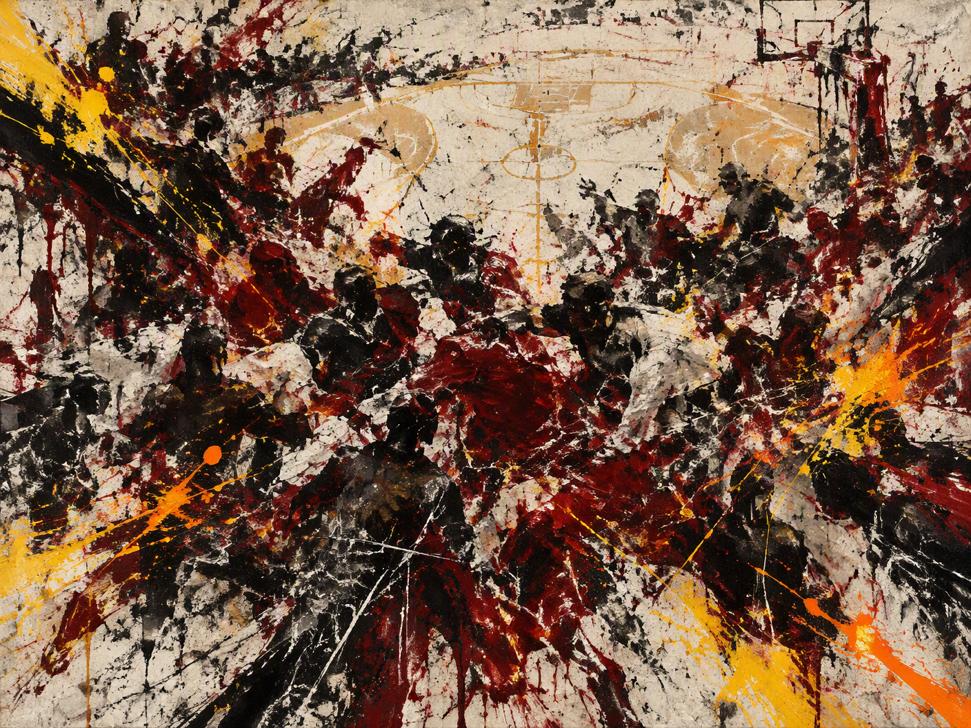 Abstract expressionist painting with aggressive black and crimson brushstrokes on textured off-white background, fragmented jagged shapes suggesting violent clash, pale ochre outlines hinting at a distorted basketball court, splatters of yellow and orange evoking explosive energy and tension.