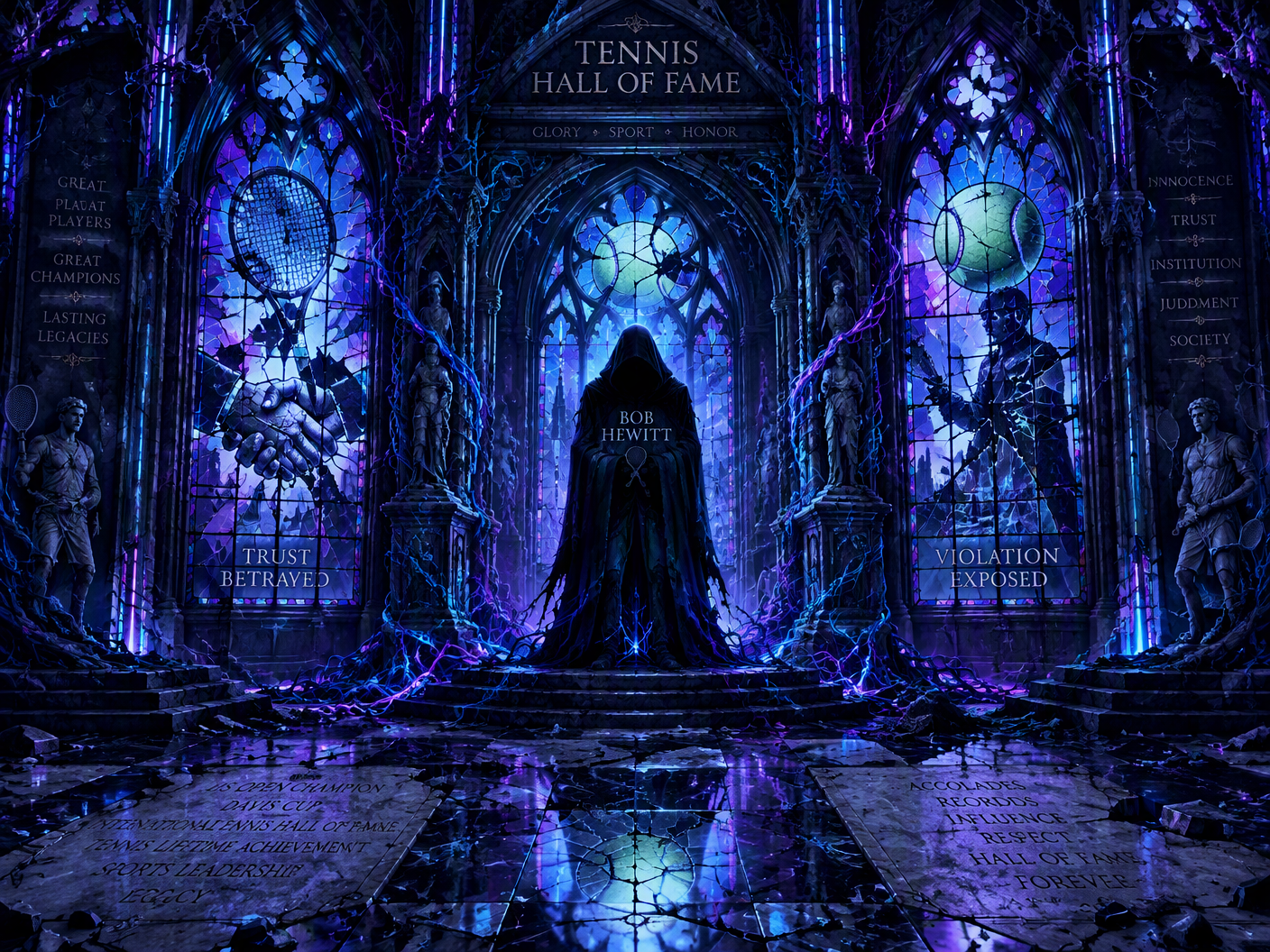 A gothic neon fantasy depiction of a crumbling tennis hall of fame transformed into a haunted cathedral with glowing stained-glass windows and organic cables, enveloping a shadowed figure representing Bob Hewitt, symbolizing his conviction and expulsion amid institutional decay.