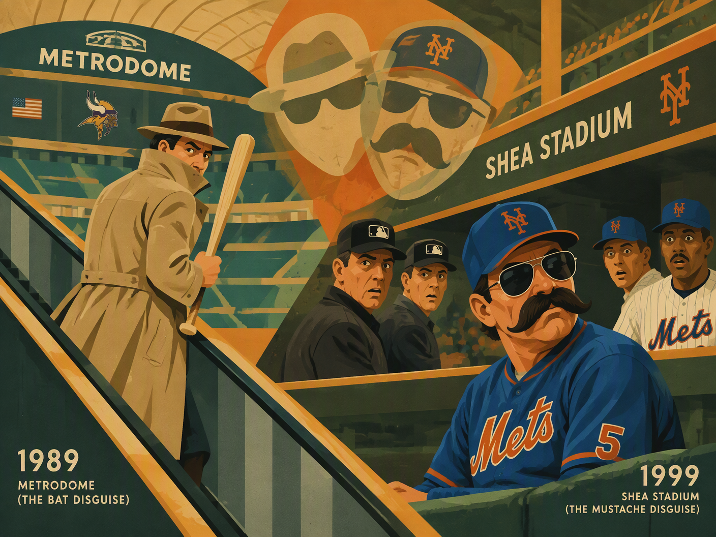 Mid-century modern style illustration of Bobby Valentine in two scenes: trying to enter the Metrodome disguised in 1989, and returning to the Mets dugout wearing a fake mustache and sunglasses in 1999, both recognized and confronted by officials and players.