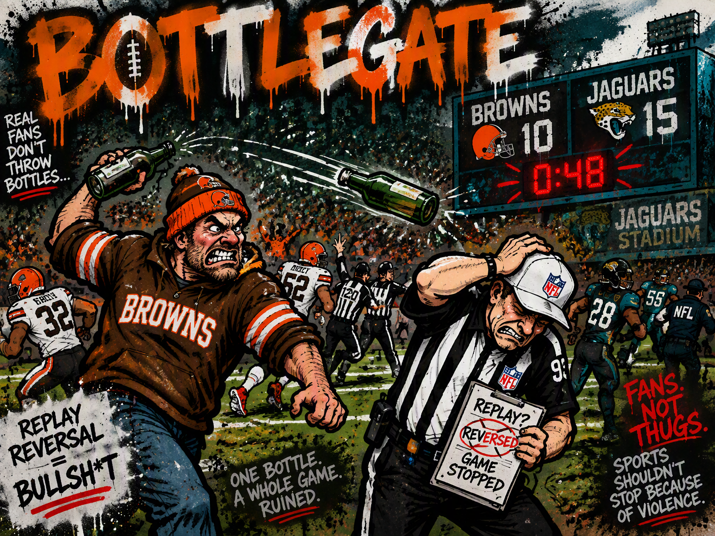 Crude cartoon of an angry Cleveland Browns fan throwing a bottle at a stunned referee on a chaotic football field, with players and officials dodging debris under a graffiti-tagged scoreboard showing Browns trailing Jaguars with 48 seconds left.