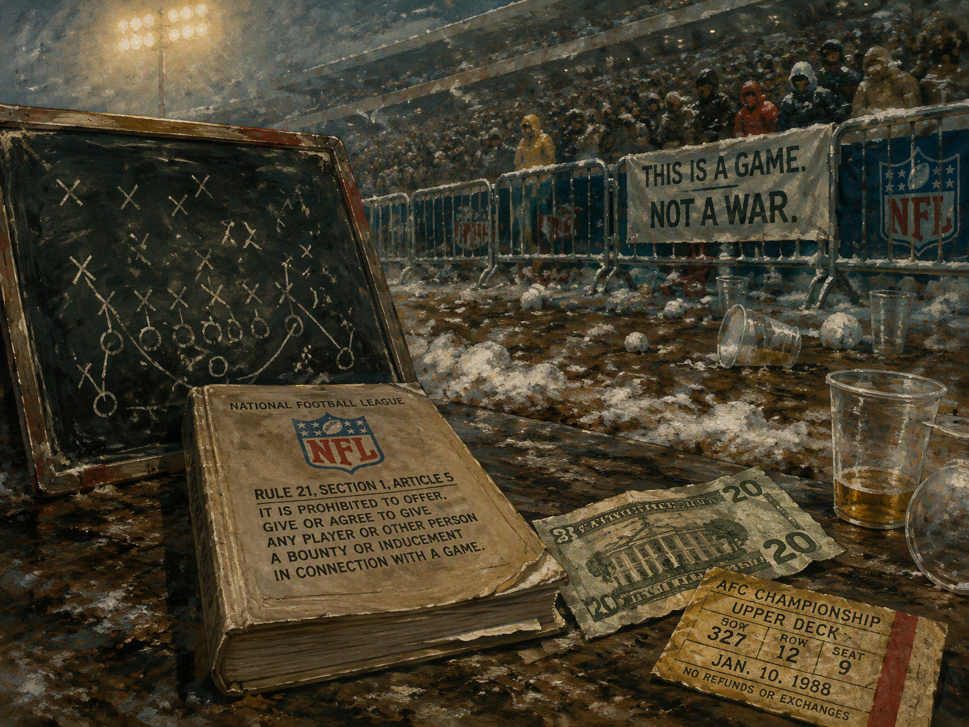 A gouache painting shows a snowy football sideline with a chalkboard, an open rulebook, a twenty-dollar bill, discarded beer cups, security barricades, and blurred spectators in concrete stands.