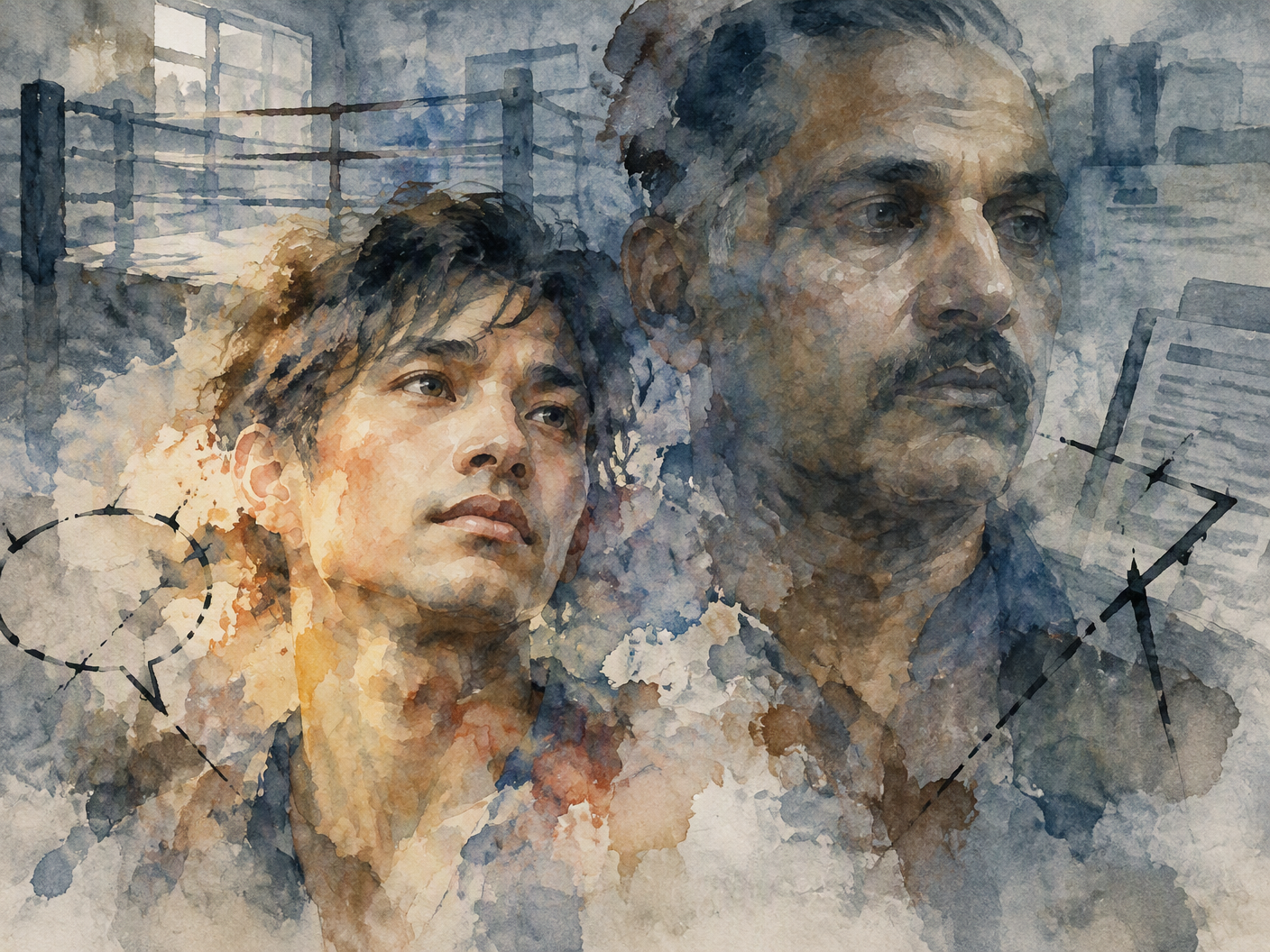 Watercolor expressionist image showing two intimate, partially dissolved male faces symbolizing Brian Ong and Dalip Singh against an abstract, softened background suggesting a wrestling training ring; pigments bloom and edges dissolve to reflect fading memory and emotional vulnerability in a tragic accident at a wrestling camp.