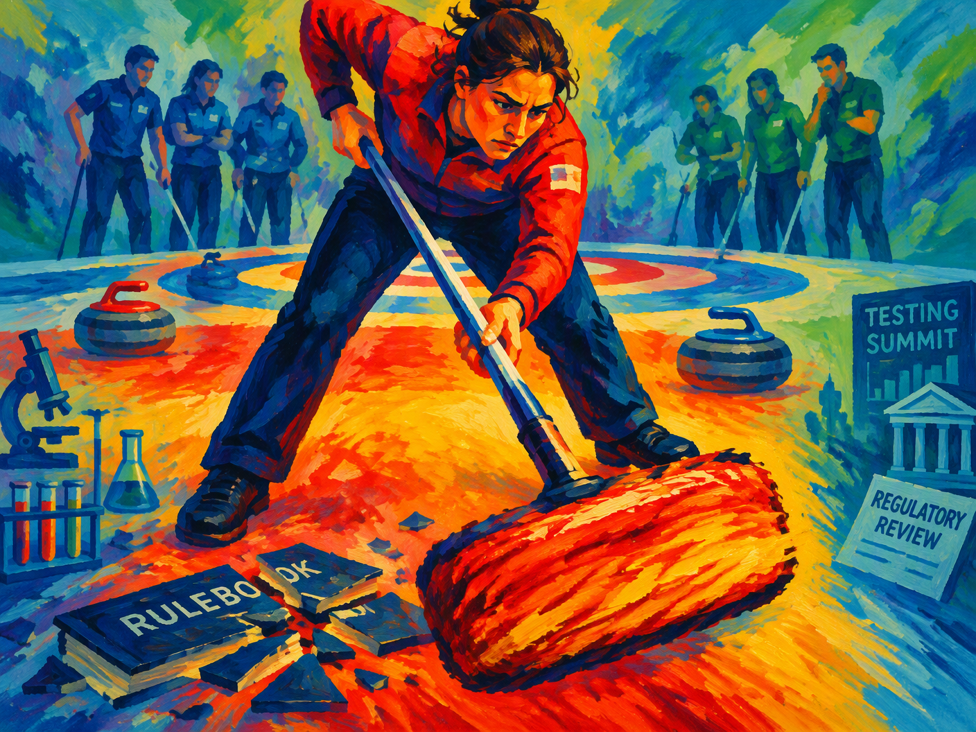 Fauvist editorial-style painting of a curler sweeping intensely with a large expressive broom head in warm reds and oranges against cooler blurred opponents and a curling sheet, symbolizing the heated controversy of Broomgate.