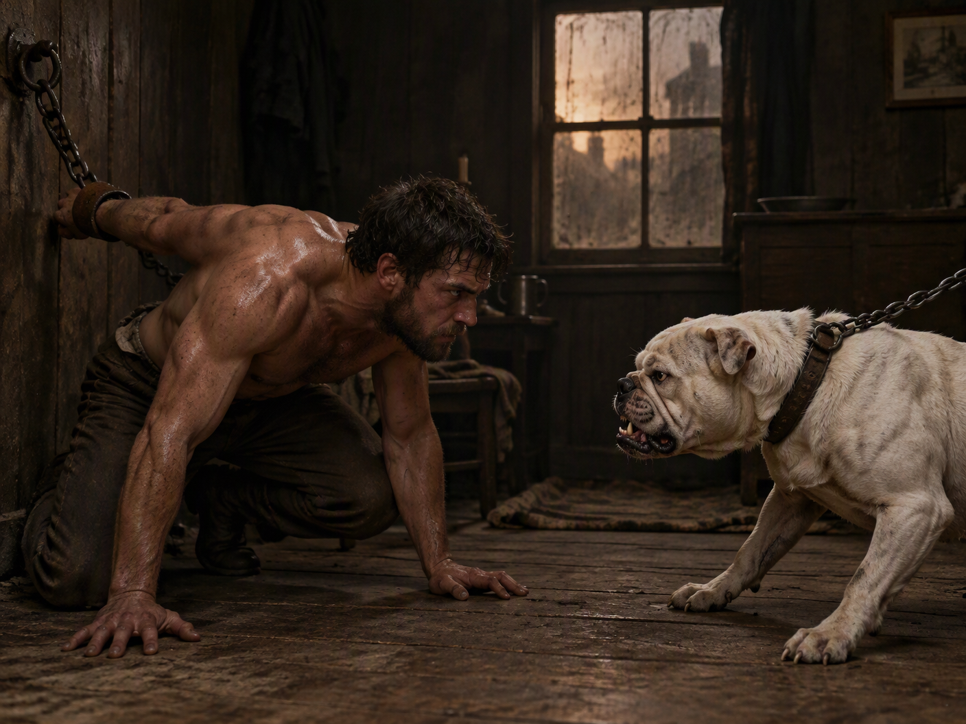 A shirtless, chained man crouched on all fours fiercely faces a snarling white bulldog similarly chained to a wall in a dimly lit, rustic 1870s interior, their locked gaze capturing the tense struggle of a notorious fight in Hanley.