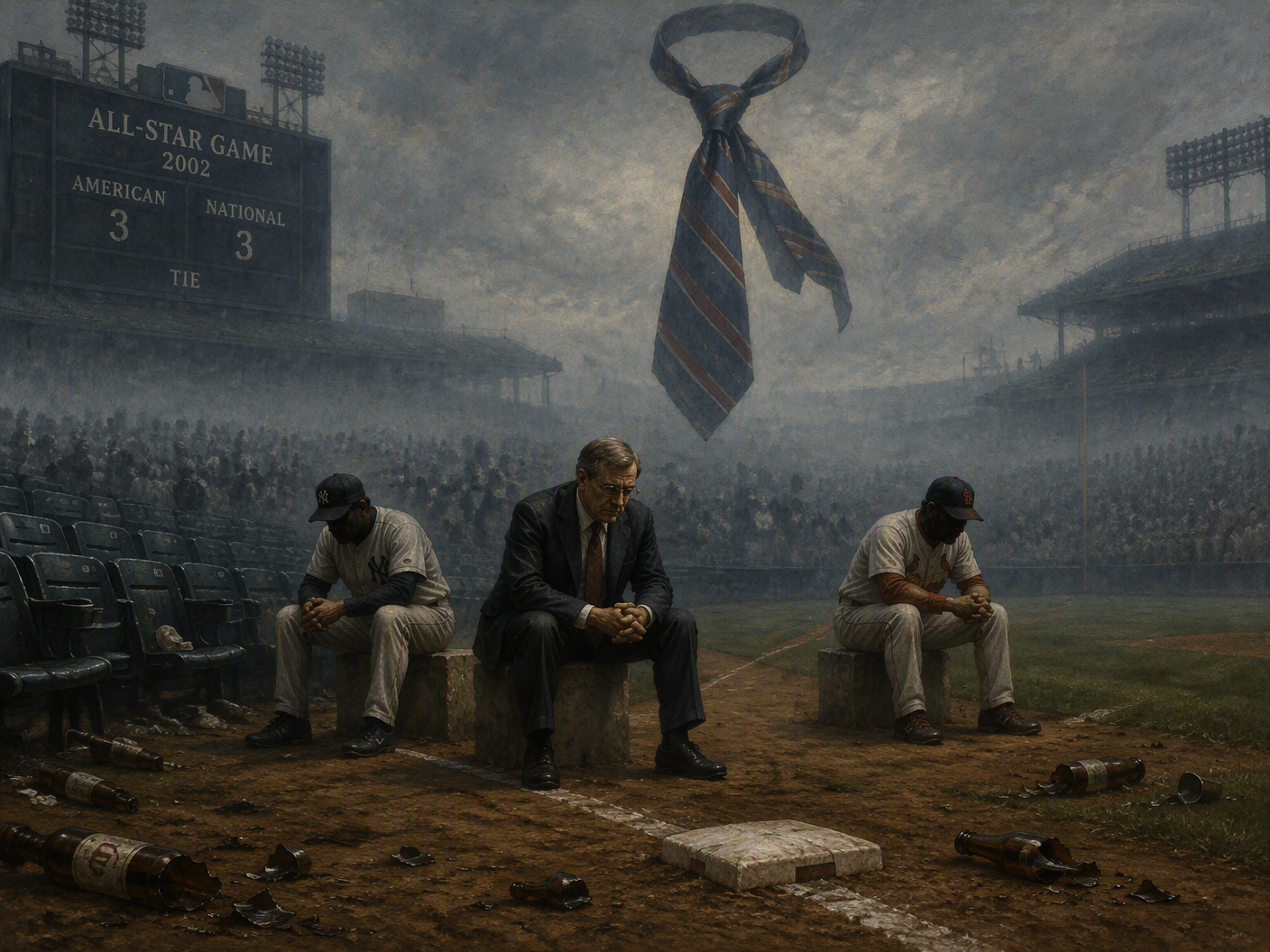 Classical figures of Bud Selig and managers sit silently on an empty baseball field under a gray sky, surrounded by scattered broken beer bottles and empty seats, with a large floating necktie symbolizing authority above them, all rendered in muted, desolate colors conveying psychological solitude.